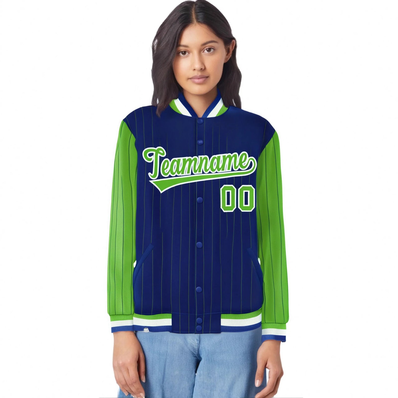 Custom Royal-Blue Neon-Green Pinstripe White Neon-Green Bomber Full-Snap Varsity Letterman Jacket