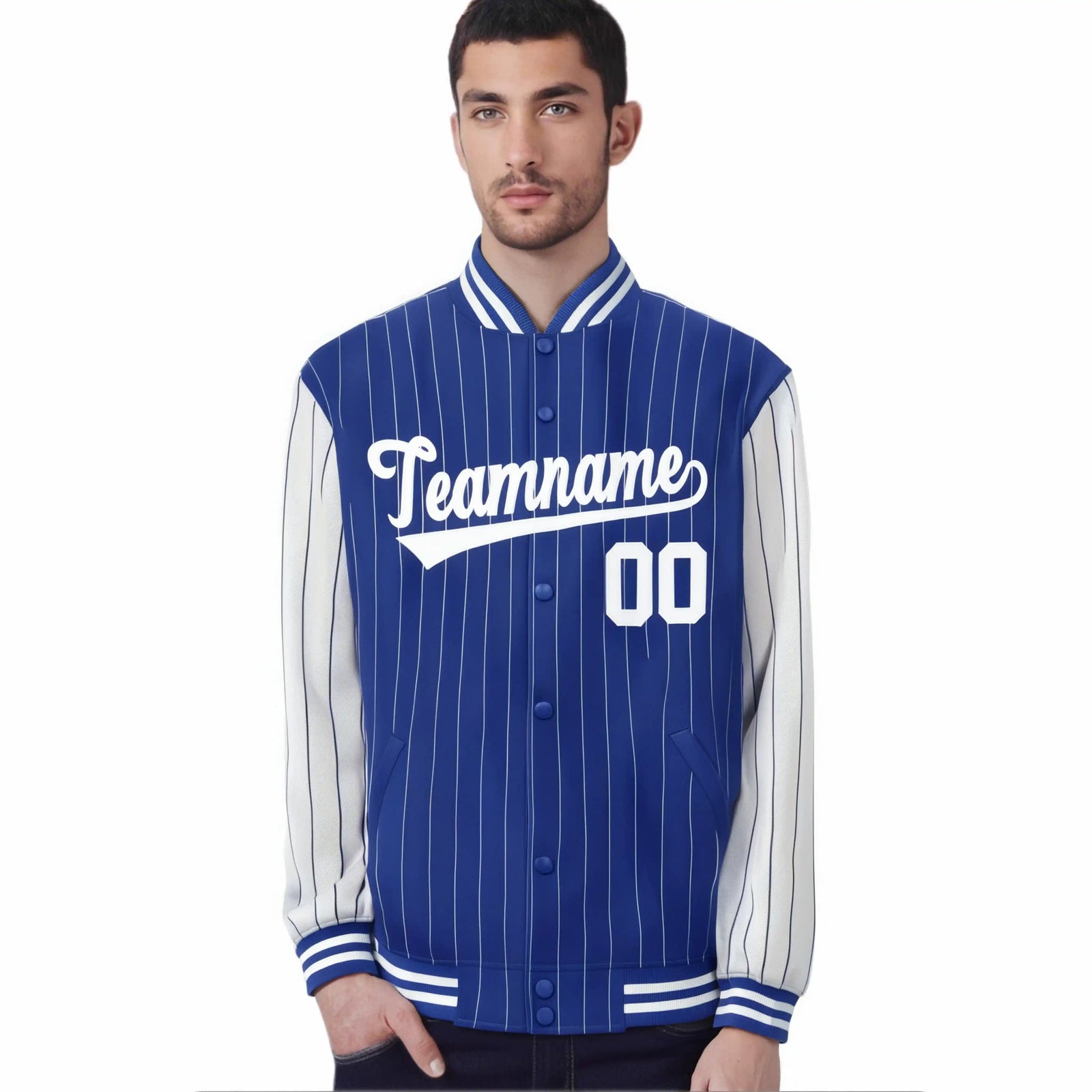 Custom Royal-Blue White Pinstripe White Bomber Full-Snap Varsity Letterman Jacket