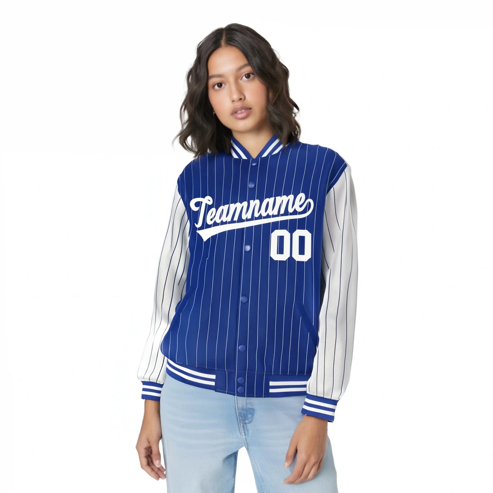Custom Royal-Blue White Pinstripe White Bomber Full-Snap Varsity Letterman Jacket