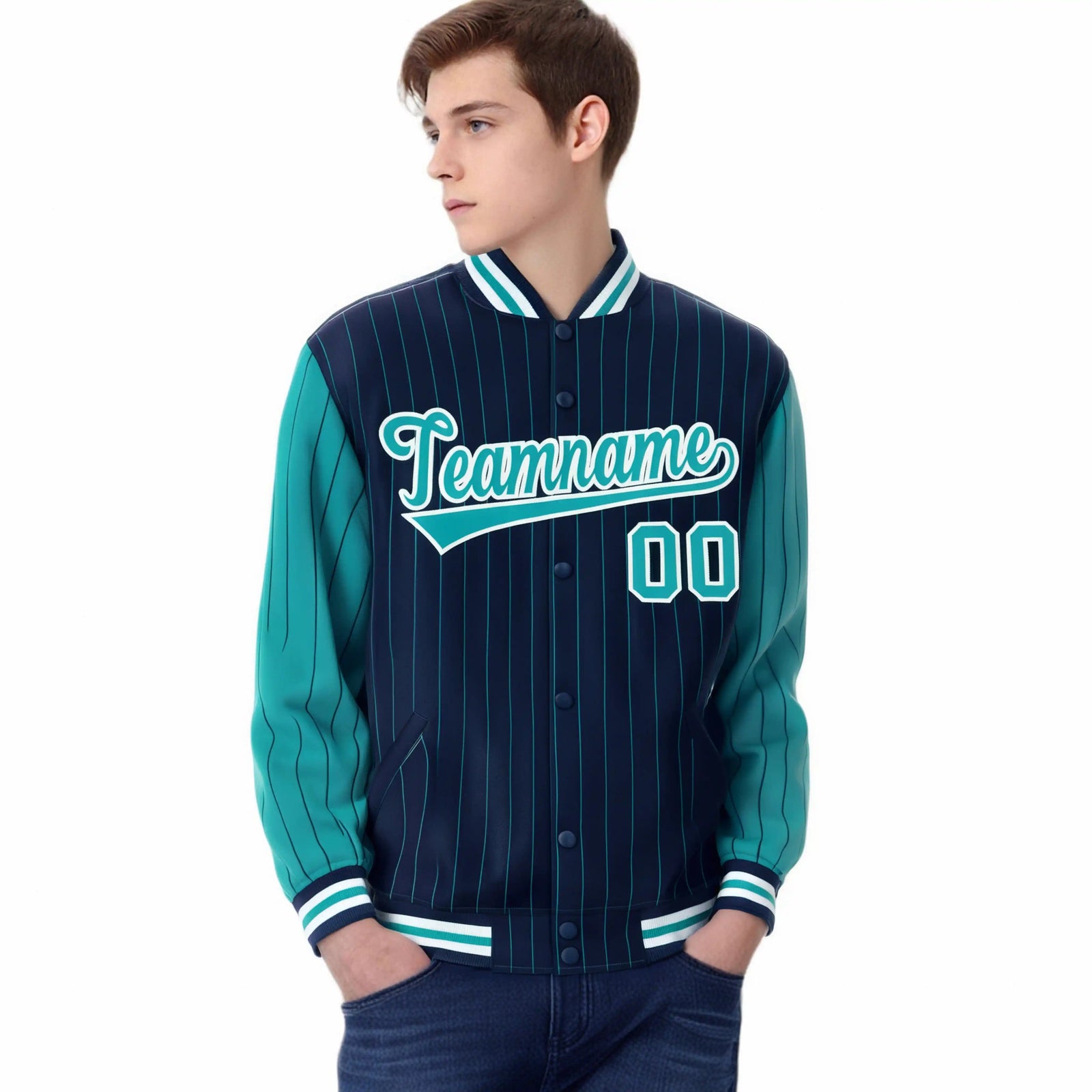 Custom Navy-Aqua Pinstripe White-Aqua Bomber Full-Snap Varsity Letterman Jacket