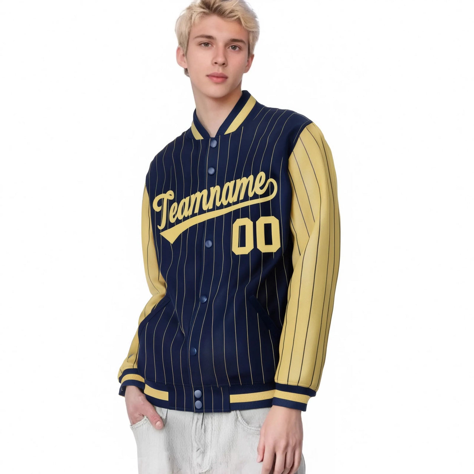 Custom Navy Old-Gold Pinstripe Old-Gold Bomber Full-Snap Varsity Letterman Jacket