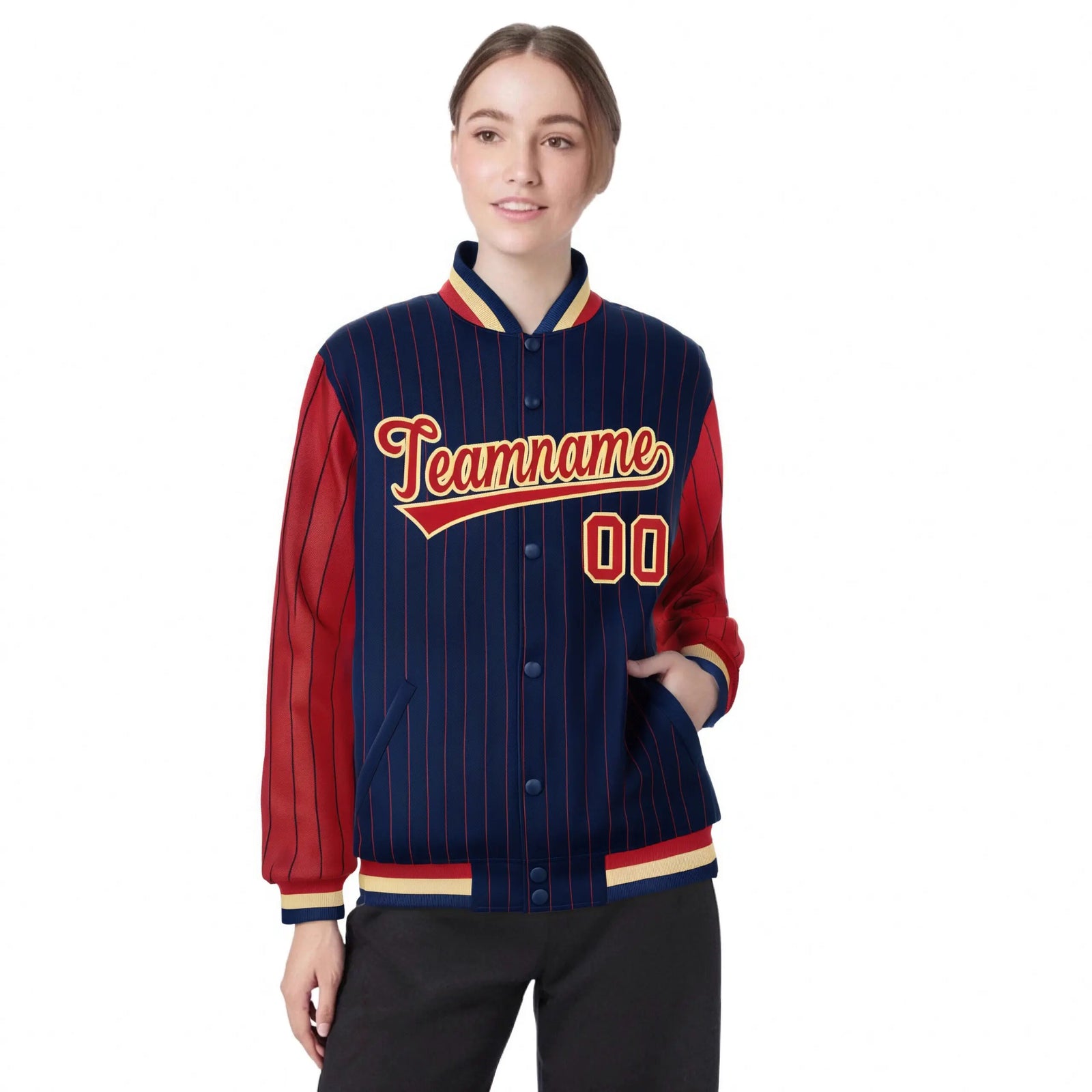 Custom Navy Red Pinstripe Old-Gold Red Bomber Full-Snap Varsity Letterman Jacket
