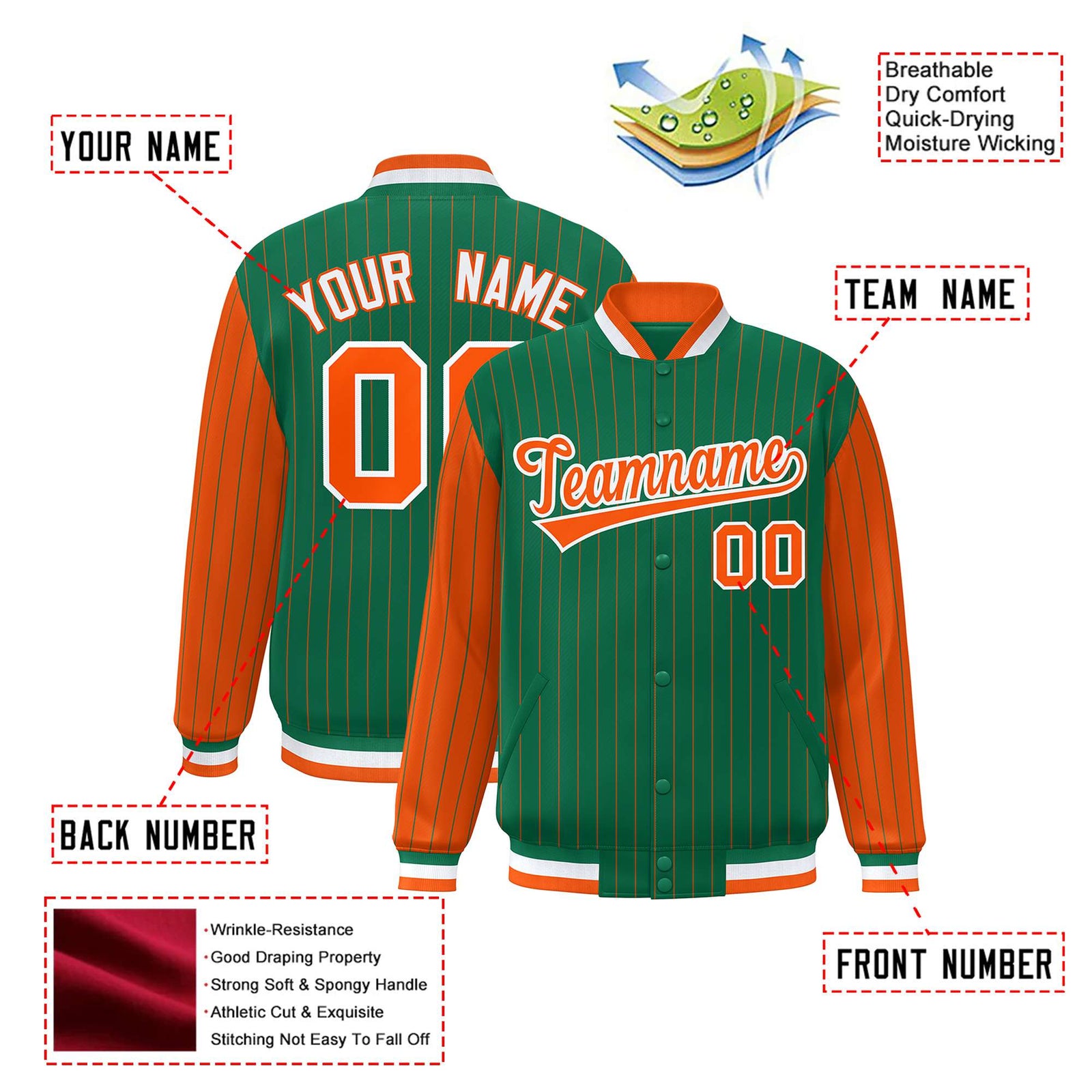 Custom Kelly Green Orange Pinstripe White-Orange Bomber Full-Snap Varsity Letterman Jacket