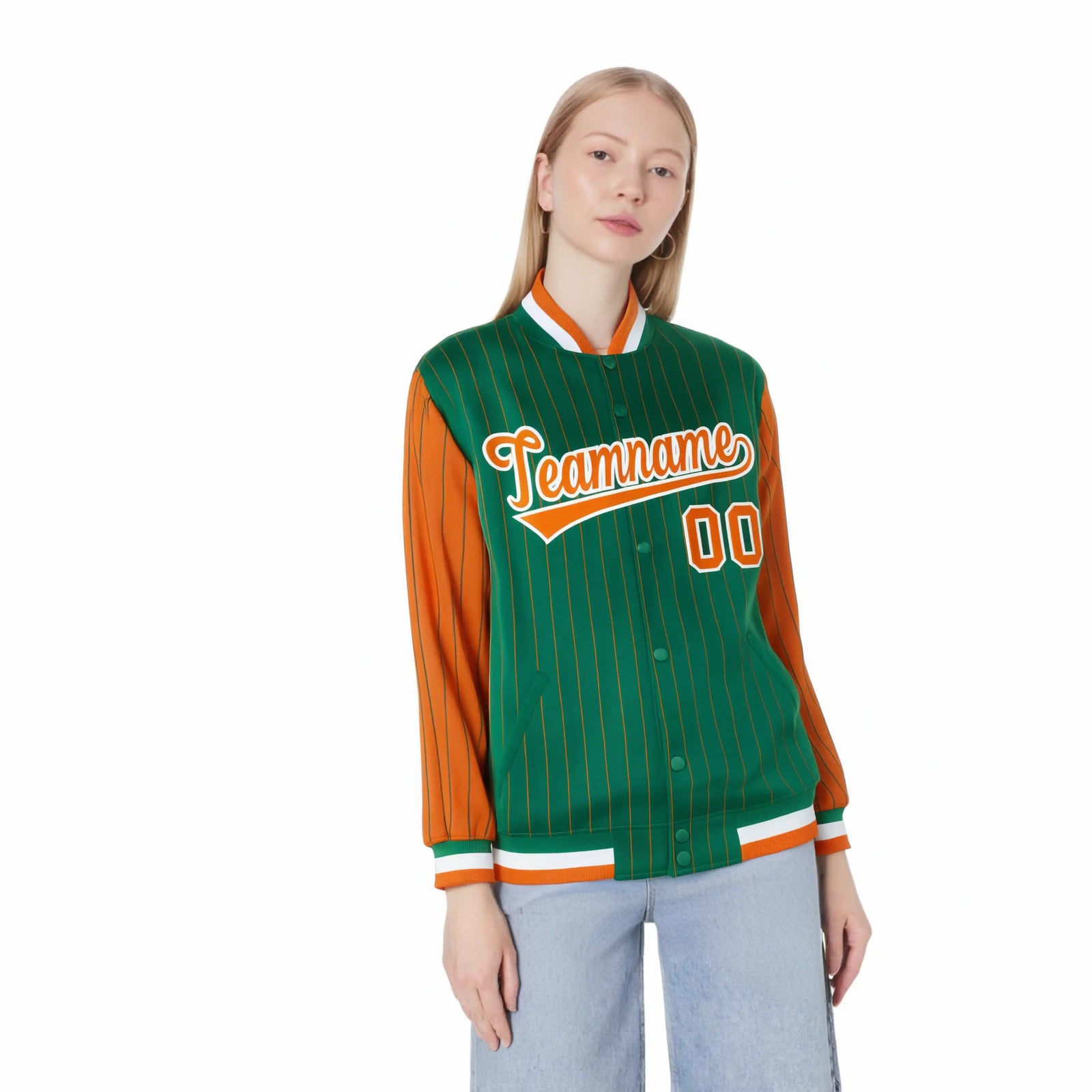 Custom Kelly Green Orange Pinstripe White-Orange Bomber Full-Snap Varsity Letterman Jacket