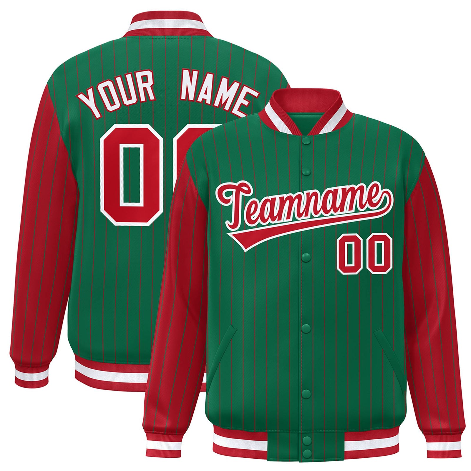 Custom Kelly Green Red Pinstripe White-Red Bomber Full-Snap Varsity Letterman Jacket
