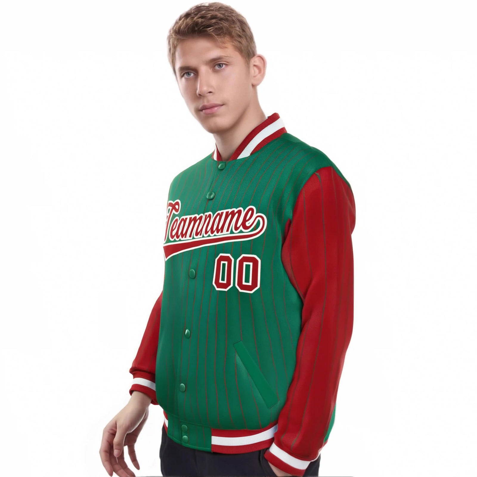 Custom Kelly Green Red Pinstripe White-Red Bomber Full-Snap Varsity Letterman Jacket