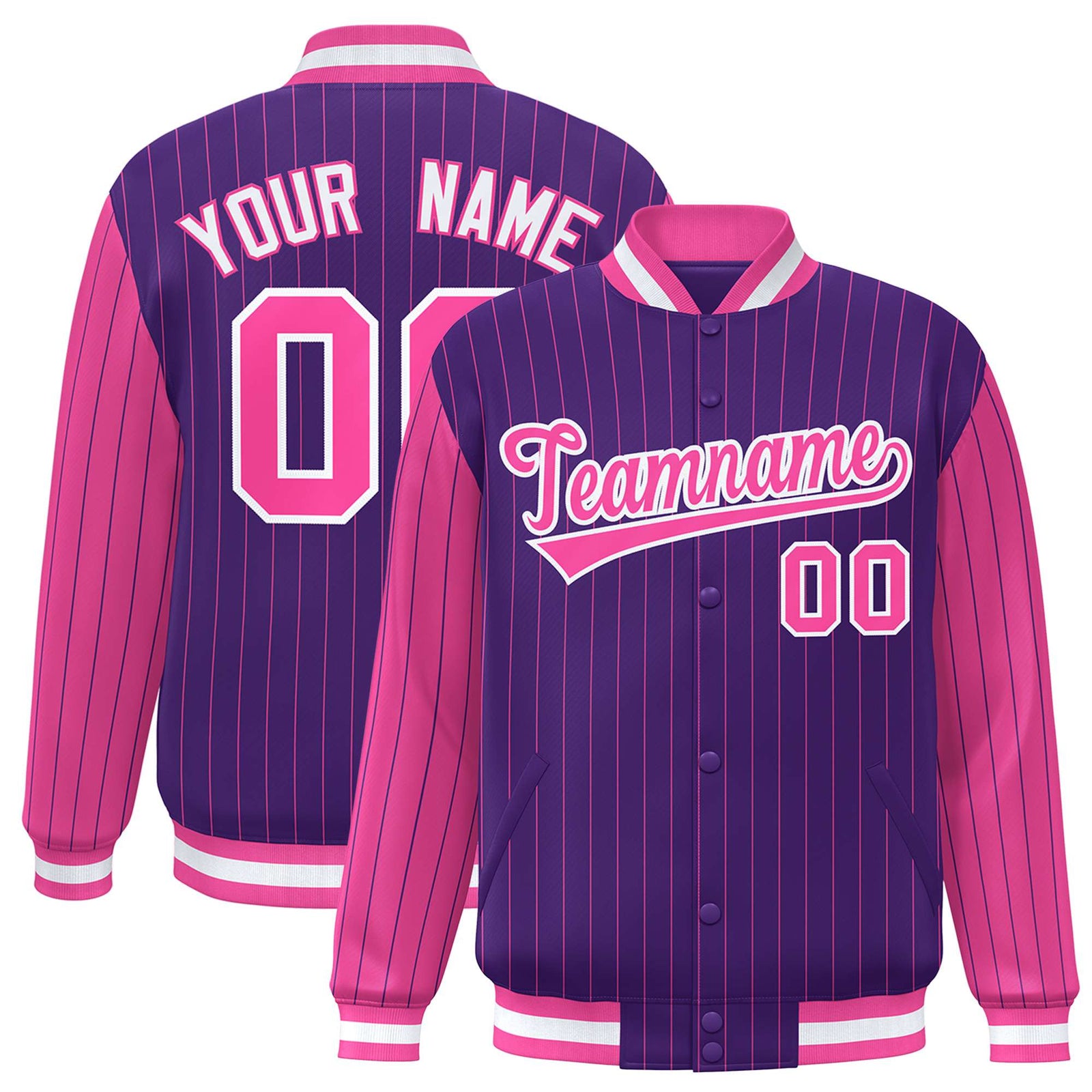 Custom Purple Pink Pinstripe White-Pink Bomber Full-Snap Varsity Letterman Jacket