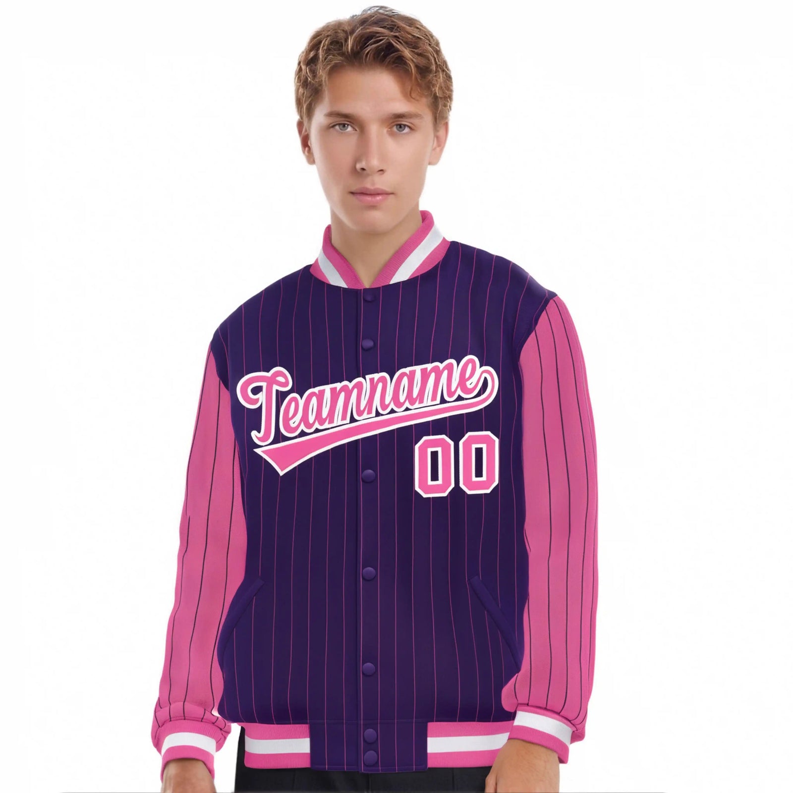 Custom Purple Pink Pinstripe White-Pink Bomber Full-Snap Varsity Letterman Jacket