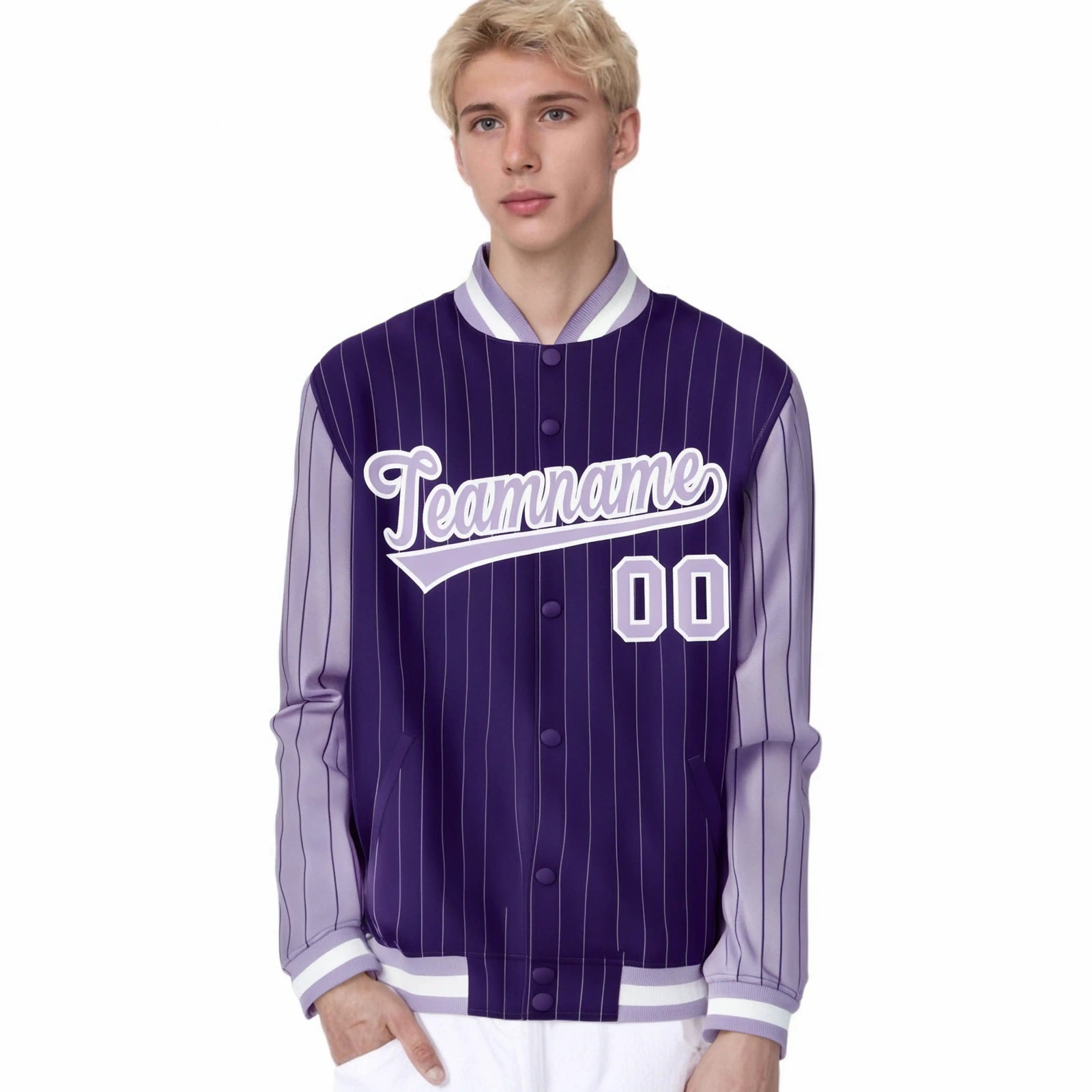 Custom Purple Light-Purple Pinstripe White Light-Purple Bomber Full-Snap Varsity Letterman Jacket