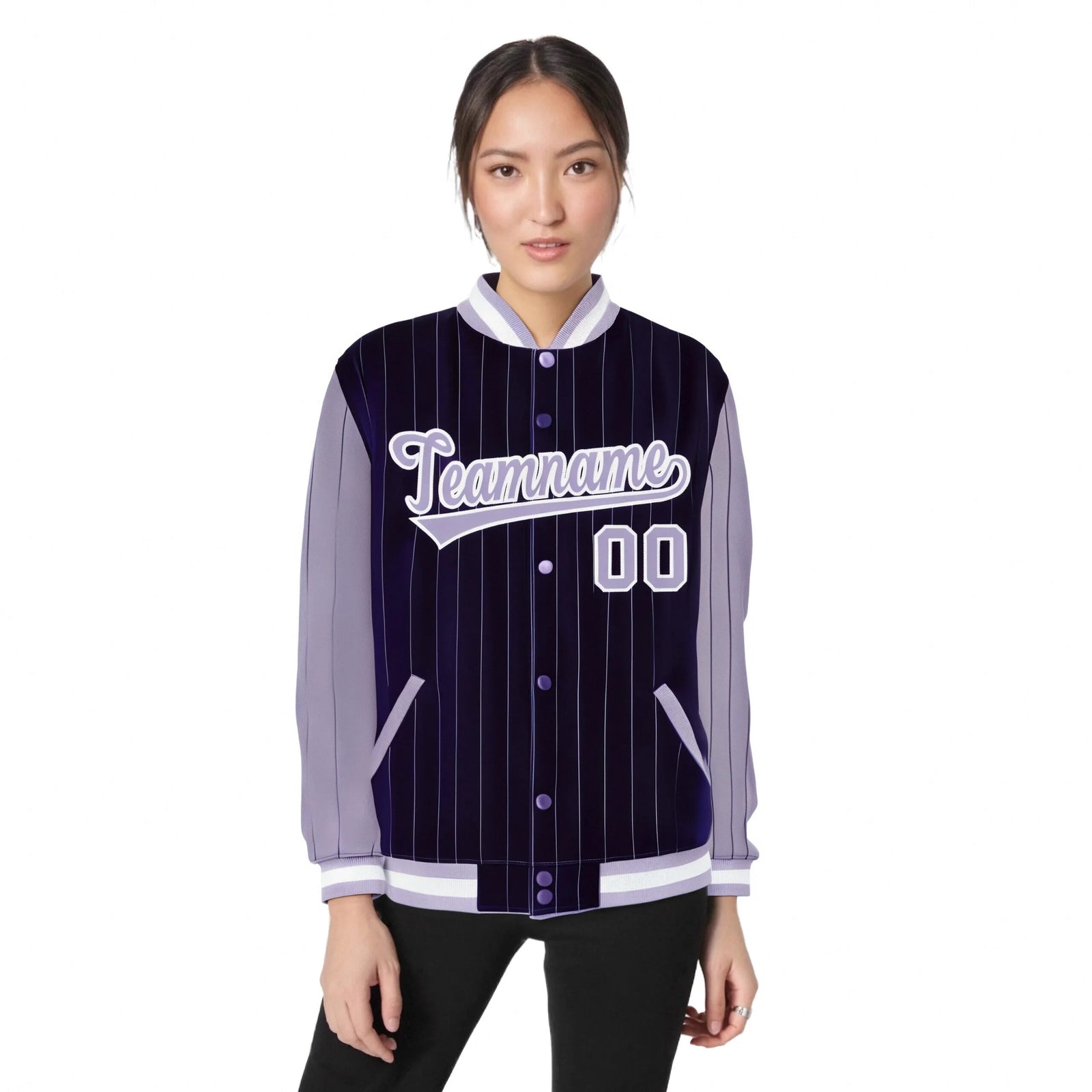 Custom Purple Light-Purple Pinstripe White Light-Purple Bomber Full-Snap Varsity Letterman Jacket