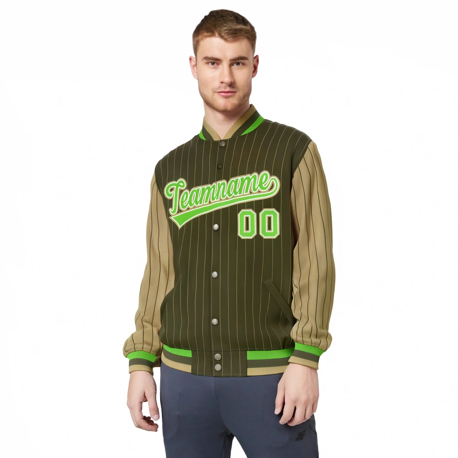 Custom Brown Light-Brown Pinstripe White Neon-Green Bomber Full-Snap Varsity Letterman Jacket