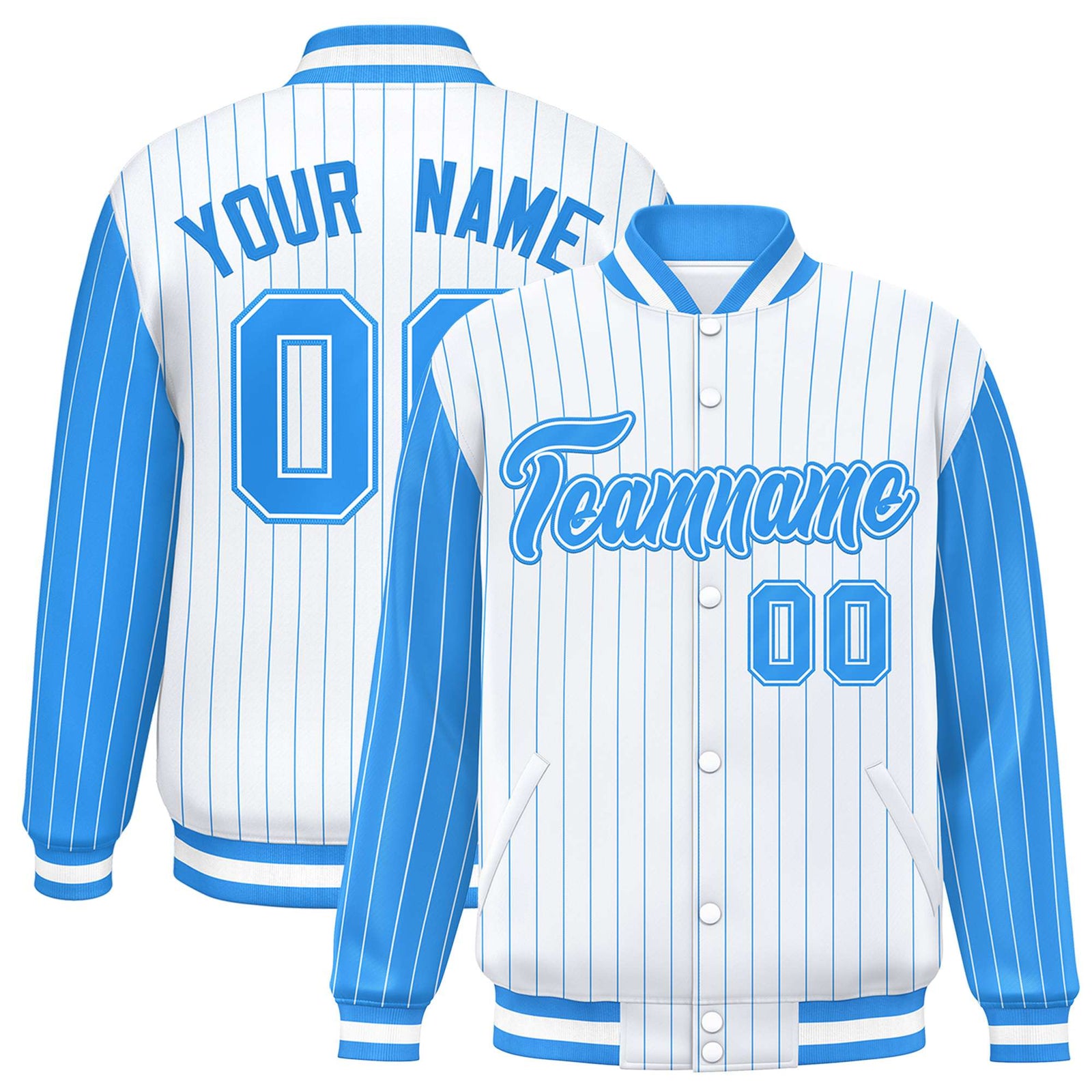 Custom White Powder Blue Pinstripe Powder-Blue White Bomber Full-Snap Varsity Letterman Jacket