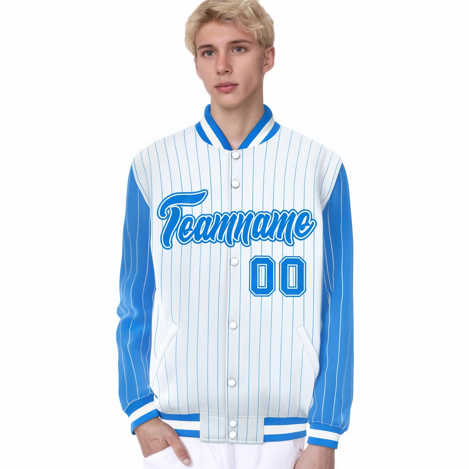 Custom White Powder Blue Pinstripe Powder-Blue White Bomber Full-Snap Varsity Letterman Jacket