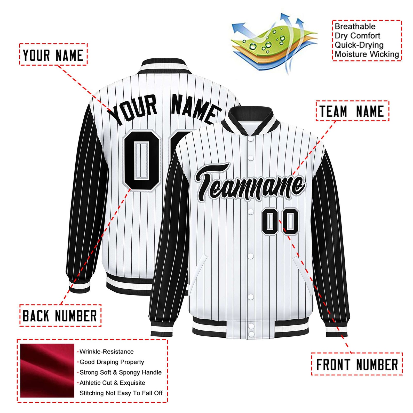 Custom White Black Pinstripe Gray-Black Bomber Full-Snap Varsity Letterman Jacket