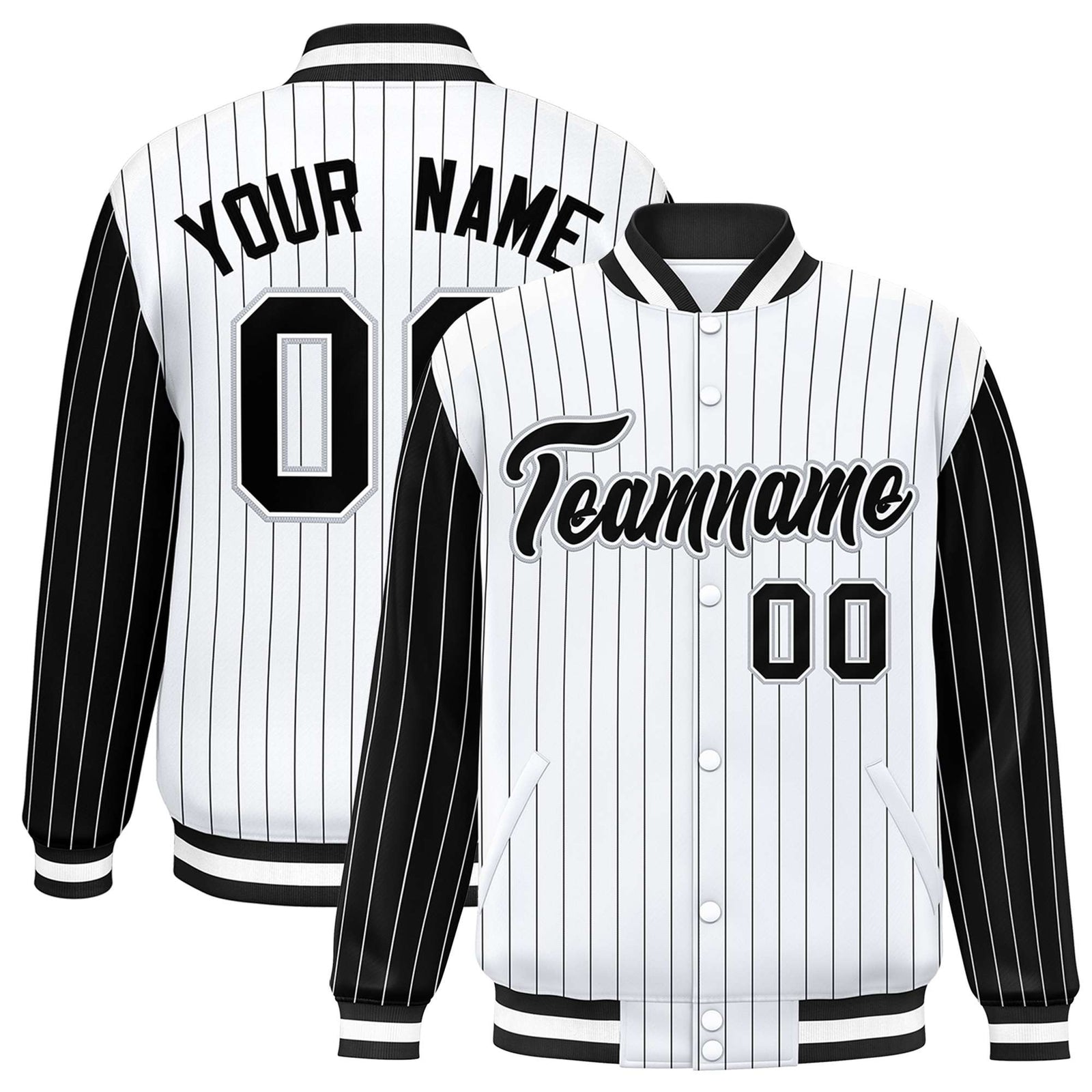 Custom White Black Pinstripe Gray-Black Bomber Full-Snap Varsity Letterman Jacket
