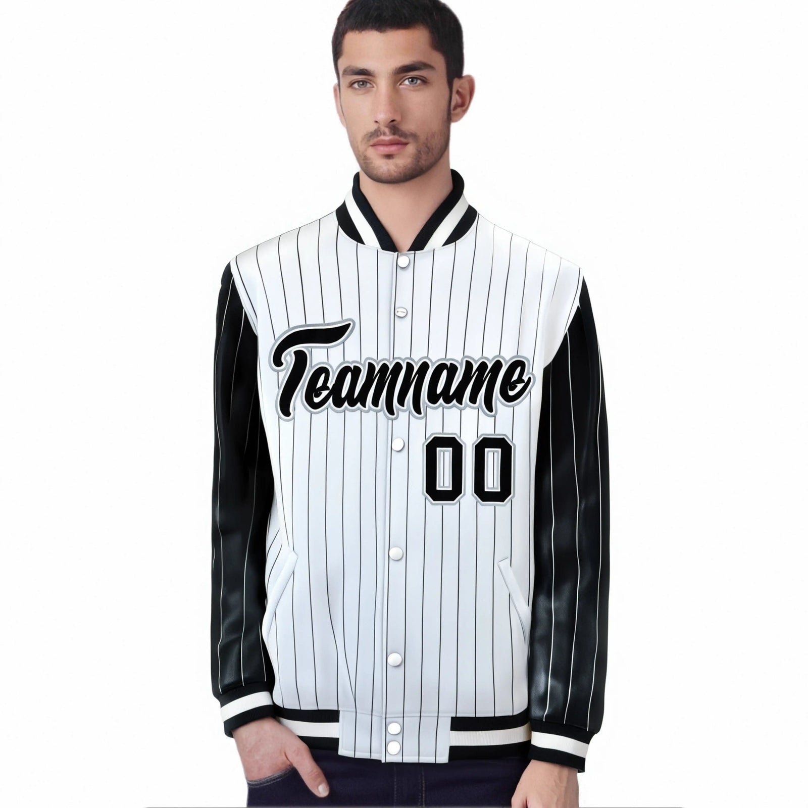 Custom White Black Pinstripe Gray-Black Bomber Full-Snap Varsity Letterman Jacket