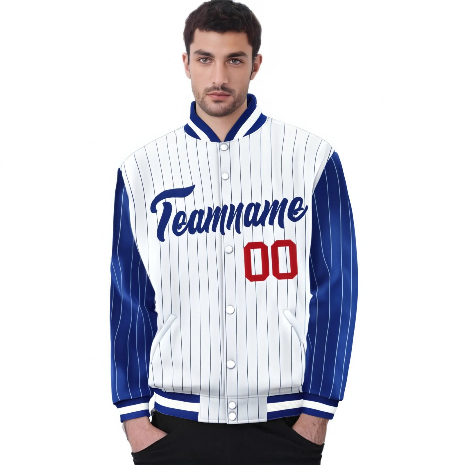 Custom White Royal-Blue Pinstripe Red Royal-Blue Bomber Full-Snap Varsity Letterman Jacket