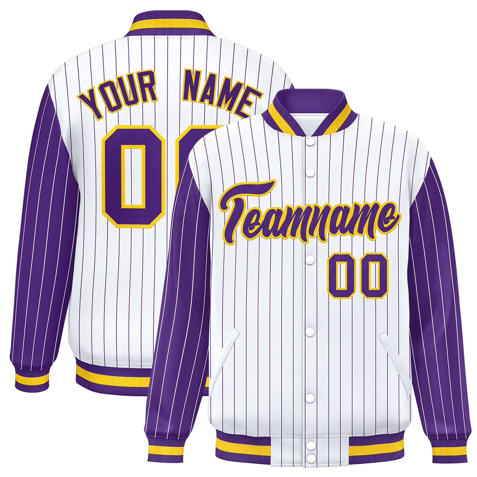 Custom White Purple Pinstripe Glod-Purple Bomber Full-Snap Varsity Letterman Jacket
