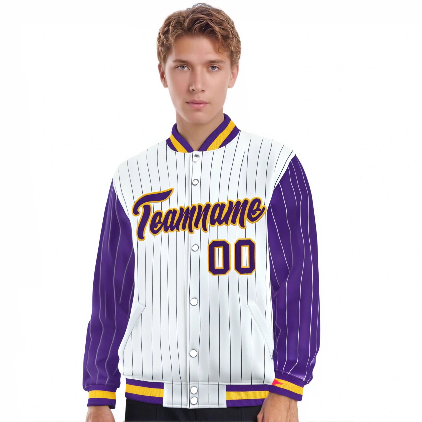 Custom White Purple Pinstripe Glod-Purple Bomber Full-Snap Varsity Letterman Jacket