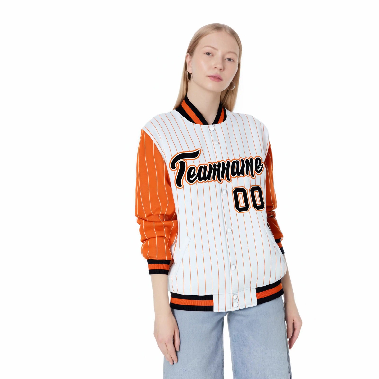Custom White Orange Pinstripe Orange-Black Bomber Full-Snap Varsity Letterman Jacket