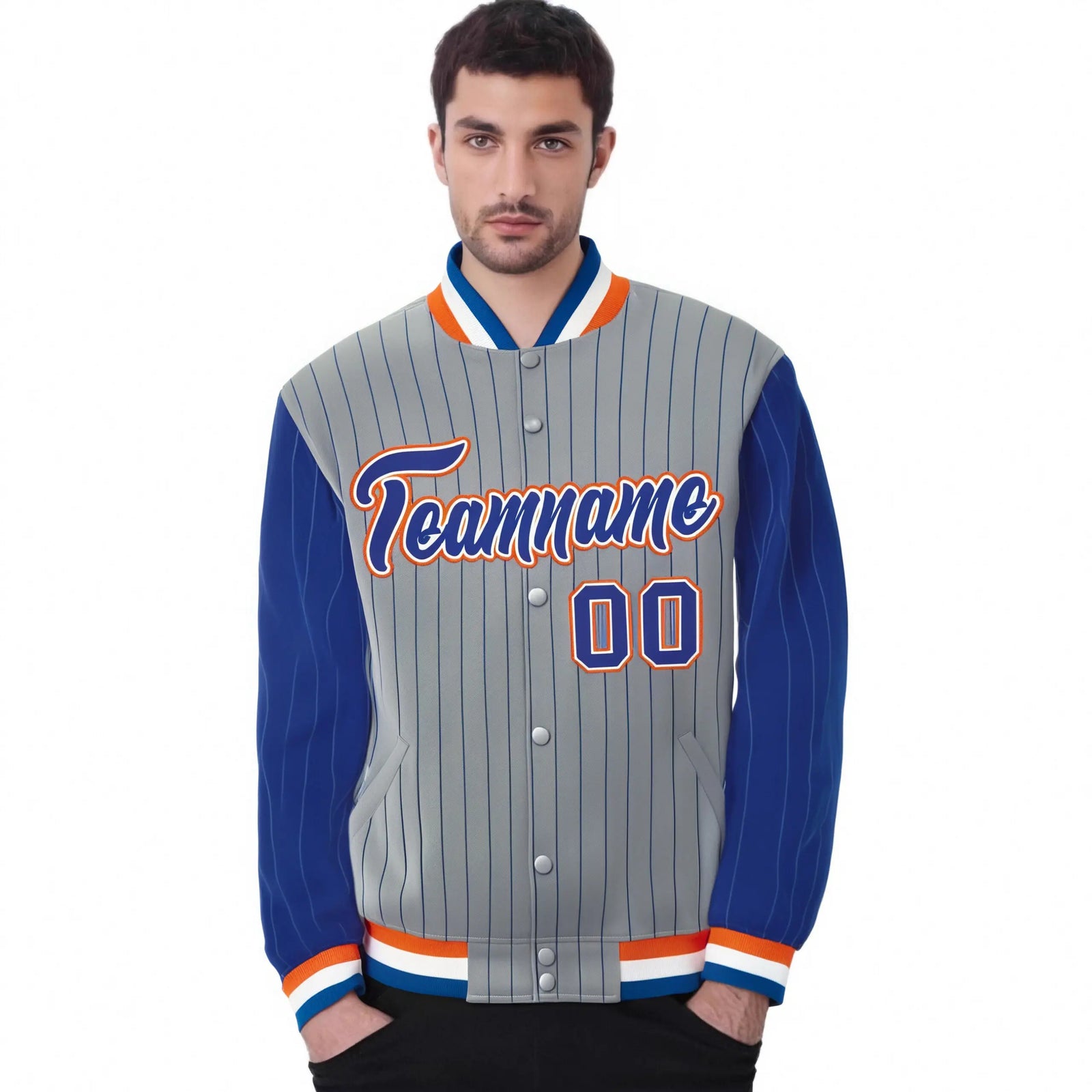 Custom Gray Royal-Blue Pinstripe Orange Royal-Blue Bomber Full-Snap Varsity Letterman Jacket