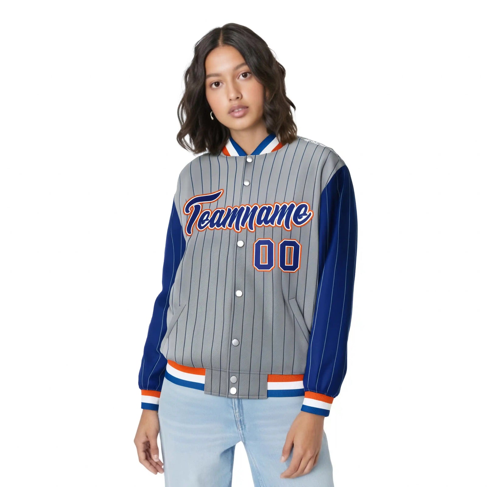 Custom Gray Royal-Blue Pinstripe Orange Royal-Blue Bomber Full-Snap Varsity Letterman Jacket