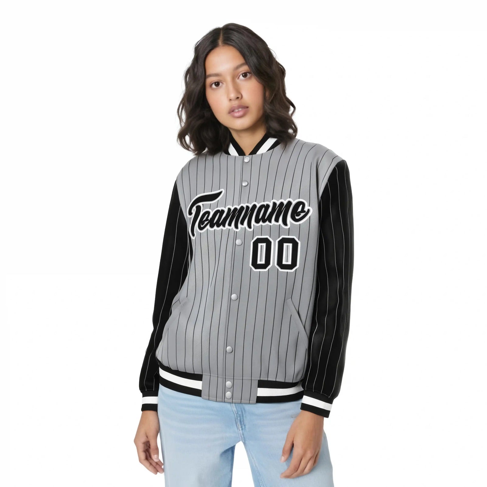 Custom Gray Black Pinstripe White-Black Bomber Full-Snap Varsity Letterman Jacket
