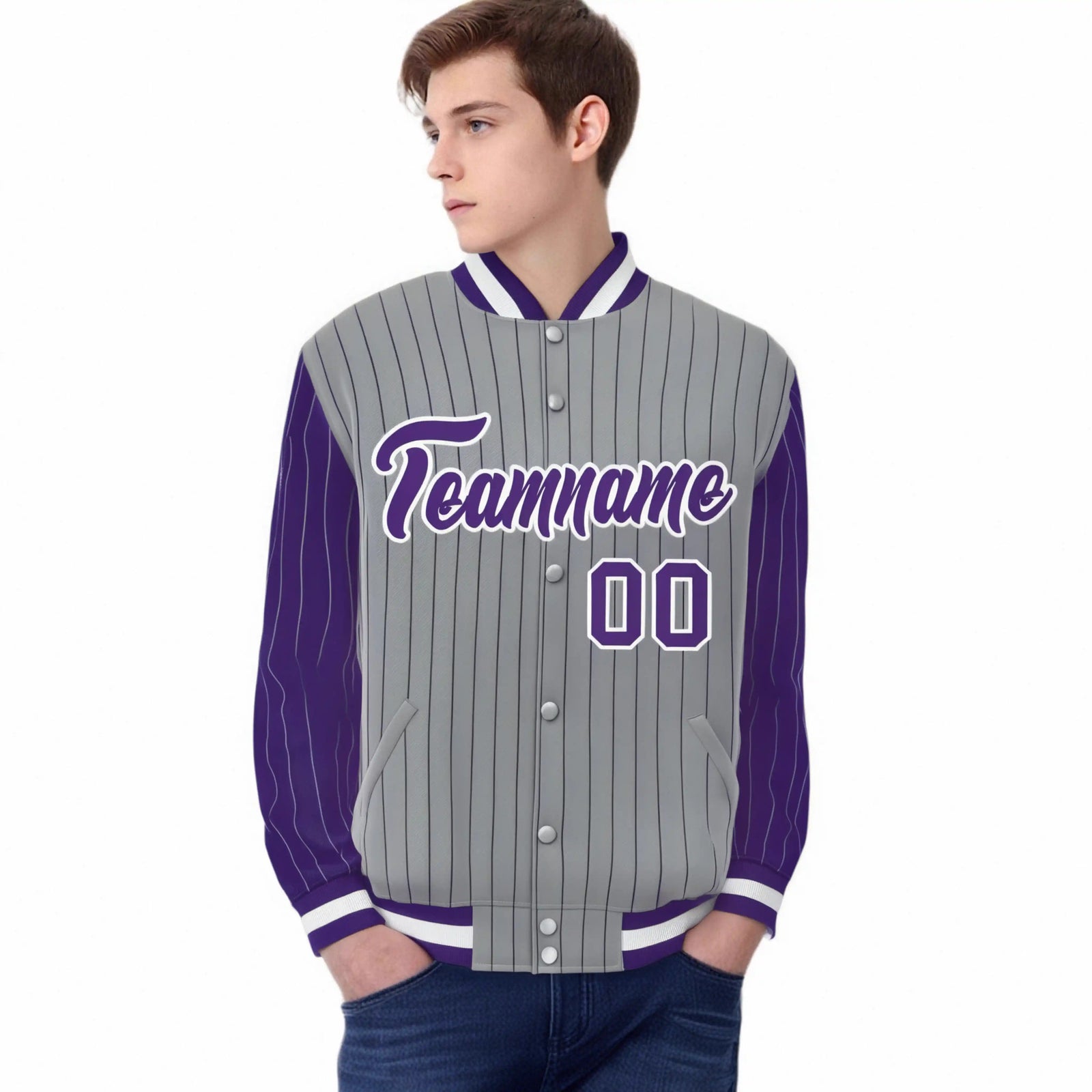 Custom Gray Purple Pinstripe White-Purple Bomber Full-Snap Varsity Letterman Jacket
