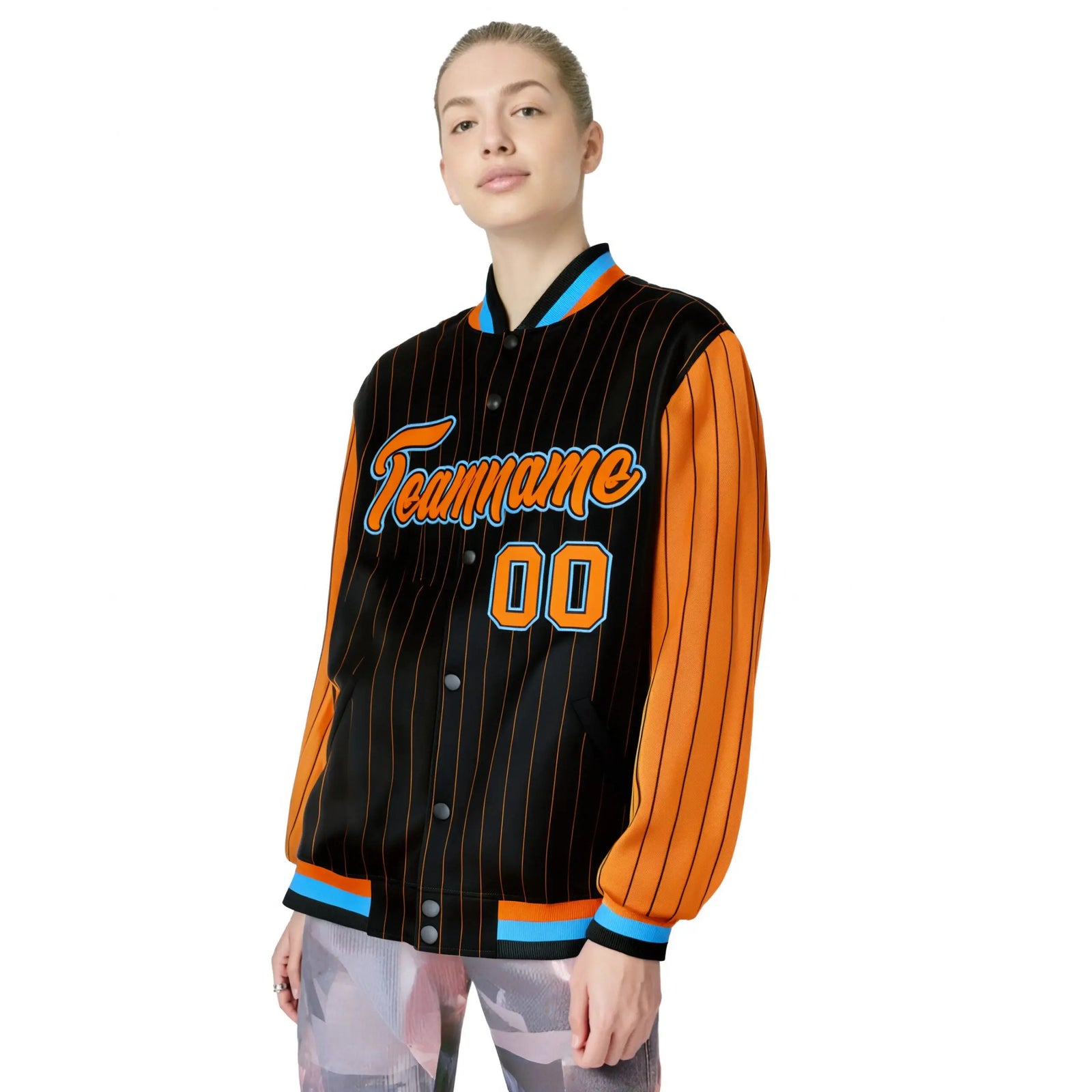 Custom Black Orange Pinstripe Powder-Blue Orange Bomber Full-Snap Varsity Letterman Jacket