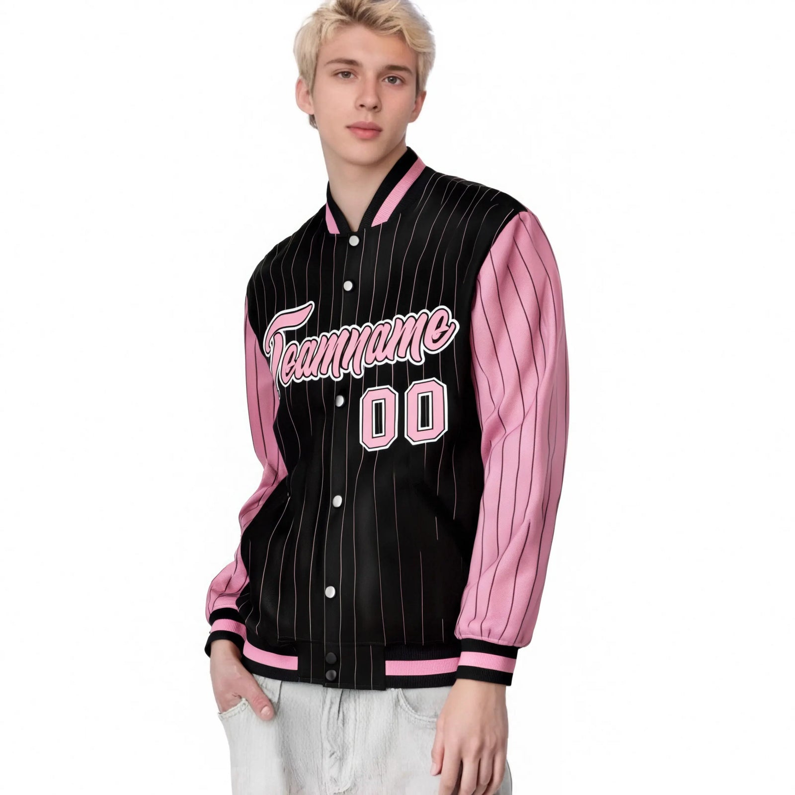 Custom Black Light-Pink Pinstripe White Light-Pink Bomber Full-Snap Varsity Letterman Jacket