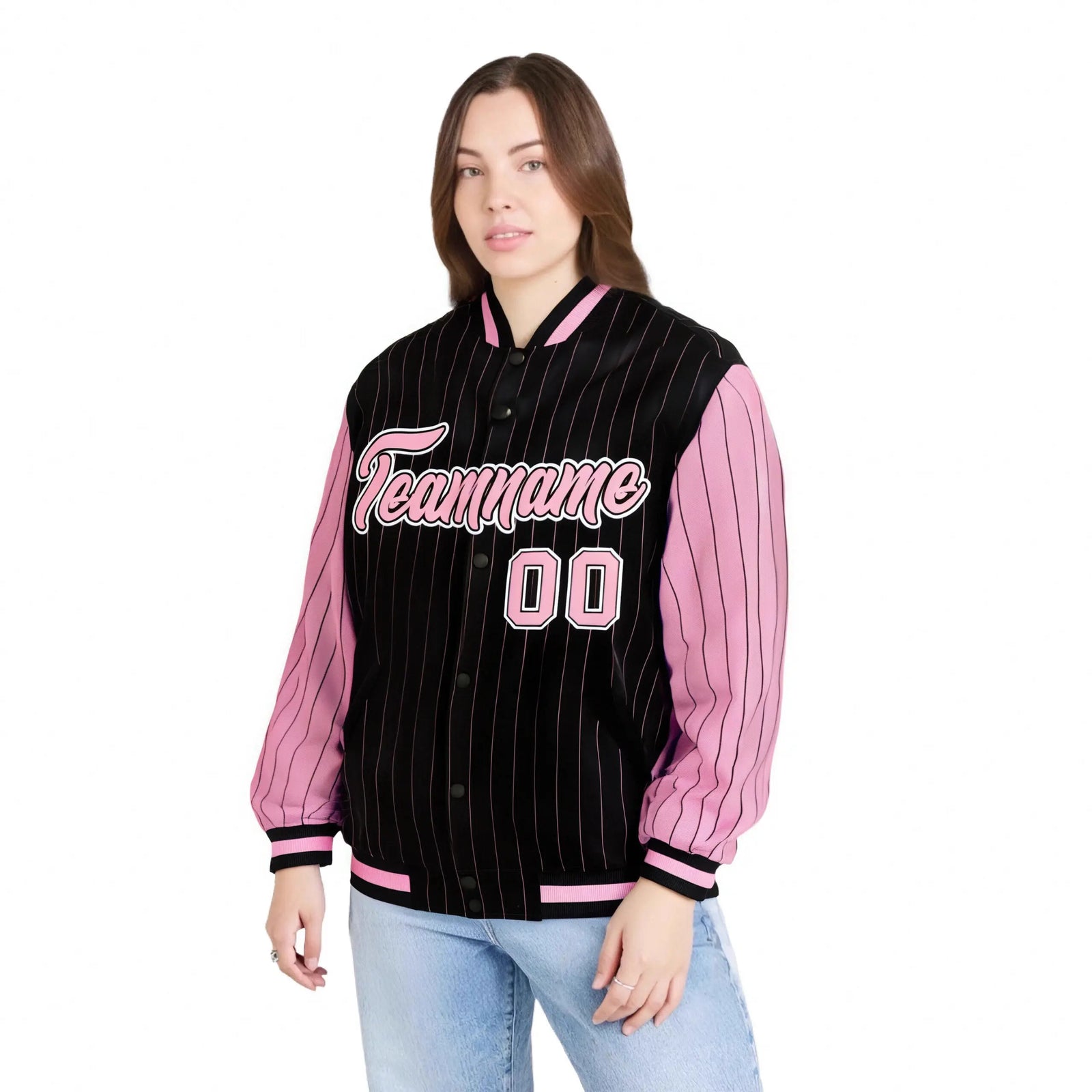 Custom Black Light-Pink Pinstripe White Light-Pink Bomber Full-Snap Varsity Letterman Jacket