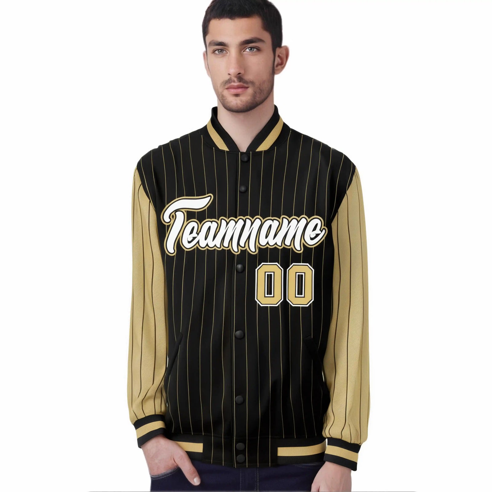 Custom Black Old-Gold Pinstripe Old-Gold White Bomber Full-Snap Varsity Letterman Jacket