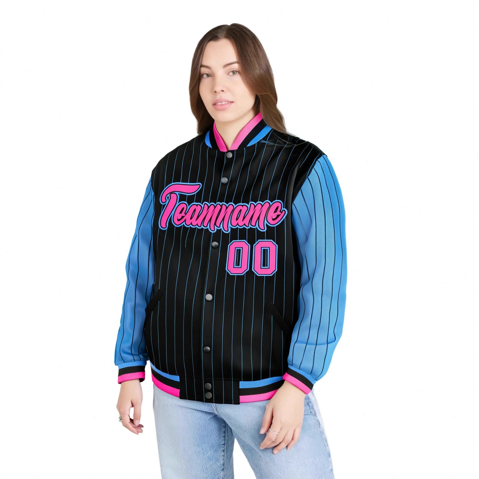 Custom Black Blue Pinstripe Blue-Pink Bomber Full-Snap Varsity Letterman Jacket