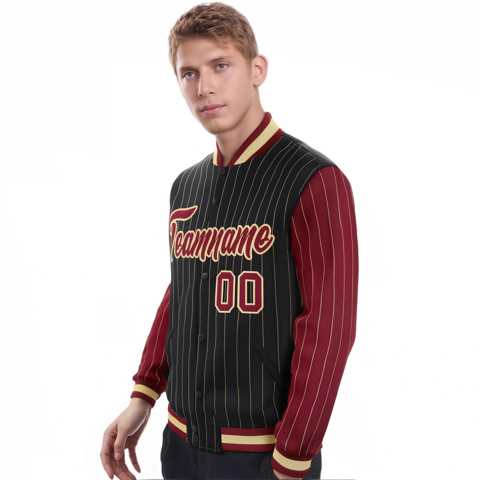 Custom Black Old-Gold Pinstripe Old-Gold Crimson Bomber Full-Snap Varsity Letterman Jacket