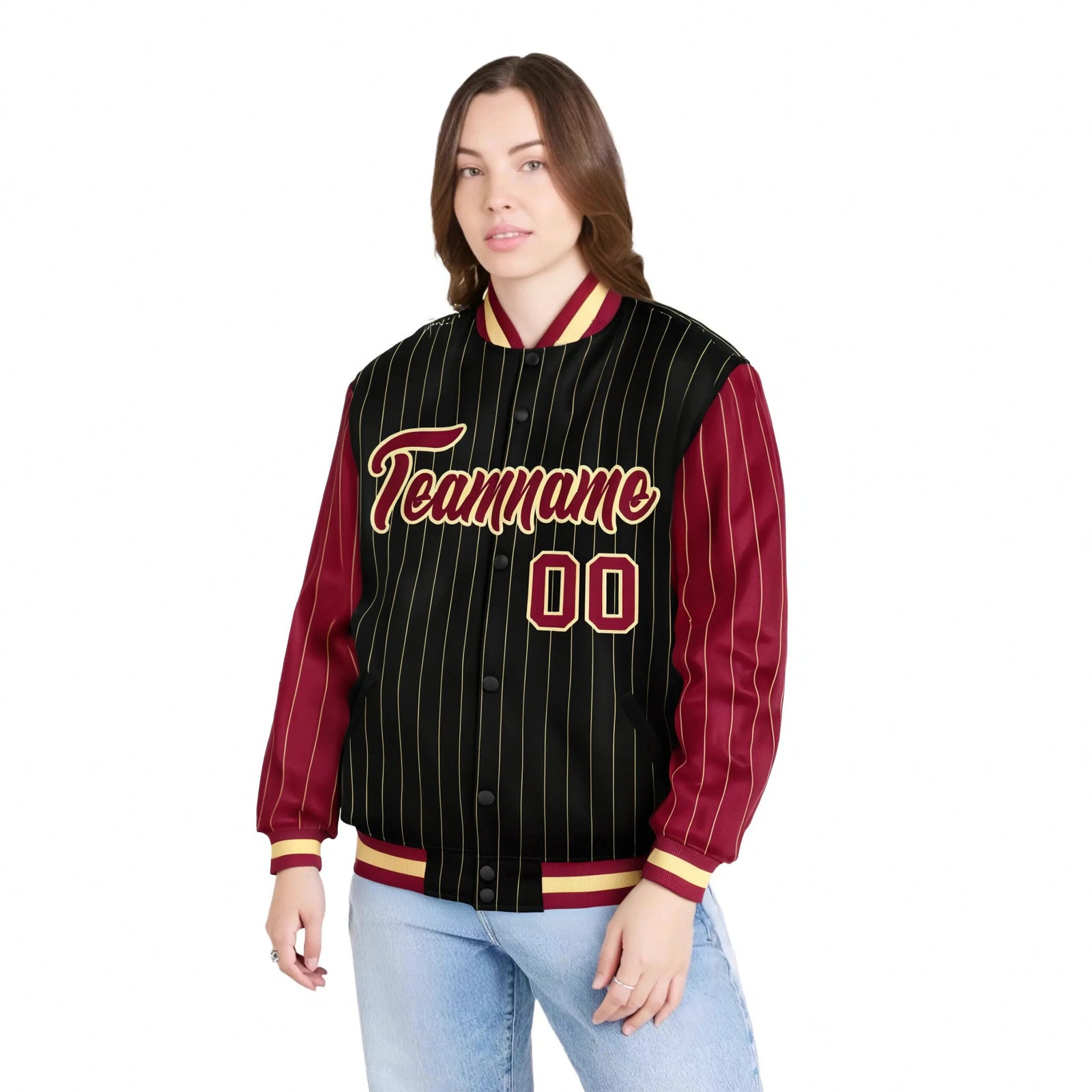 Custom Black Old-Gold Pinstripe Old-Gold Crimson Bomber Full-Snap Varsity Letterman Jacket