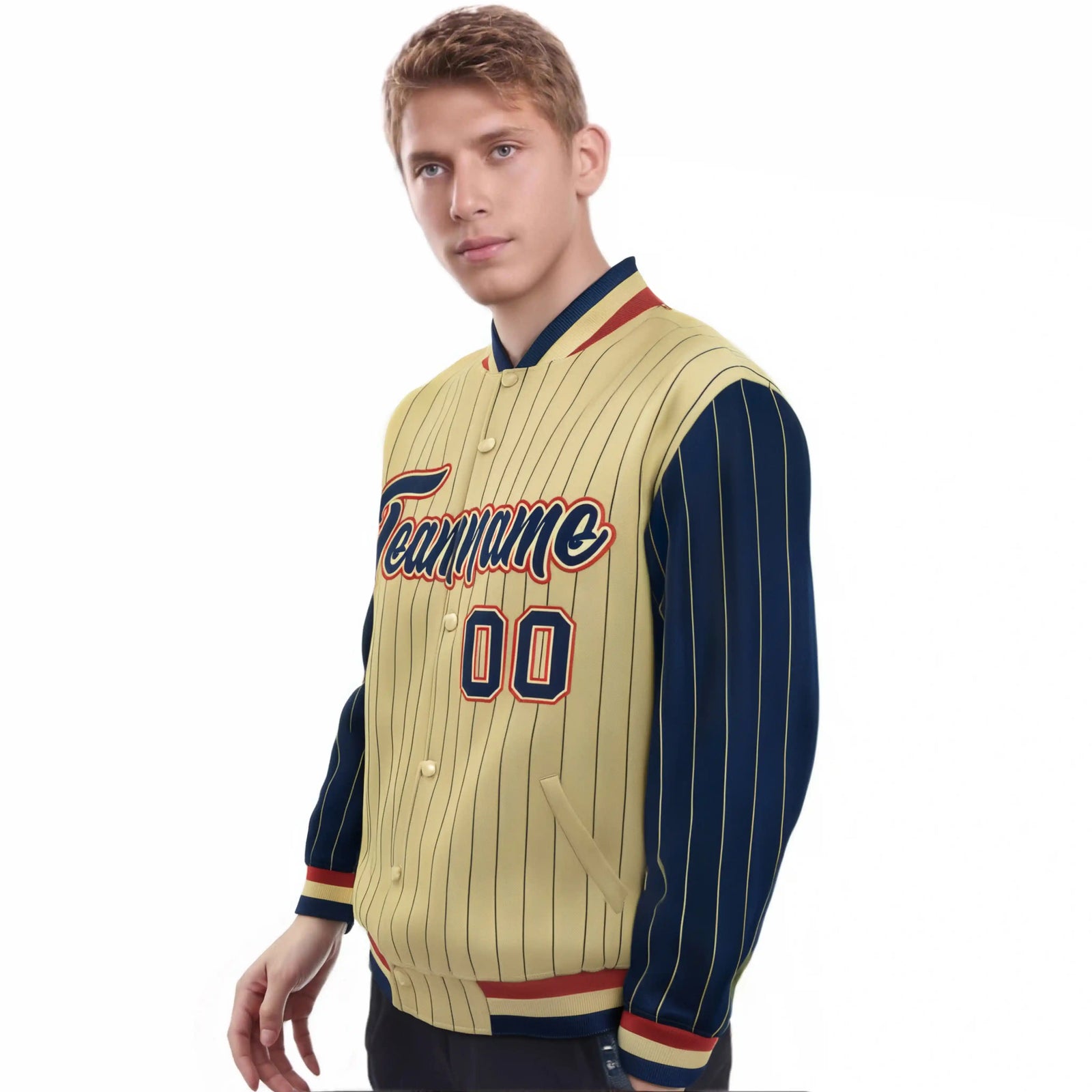 Custom Old Gold Navy Pinstripe Red-Navy Bomber Full-Snap Varsity Letterman Jacket