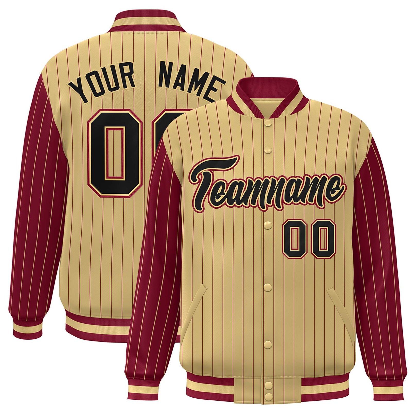Custom Old Gold Crimson Pinstripe Crimson-Black Bomber Full-Snap Varsity Letterman Jacket