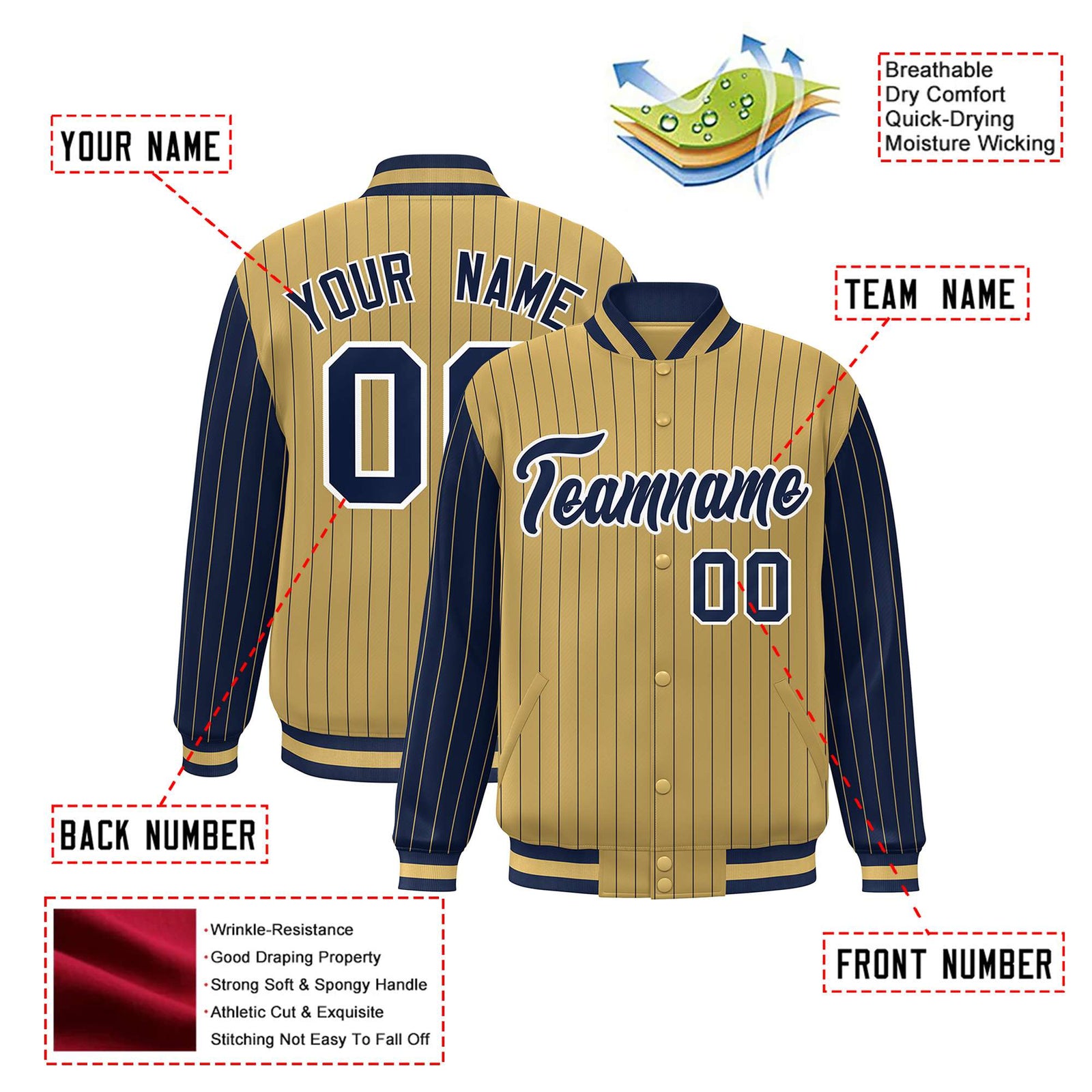 Custom Old Gold Navy Pinstripe White-Navy Bomber Full-Snap Varsity Letterman Jacket