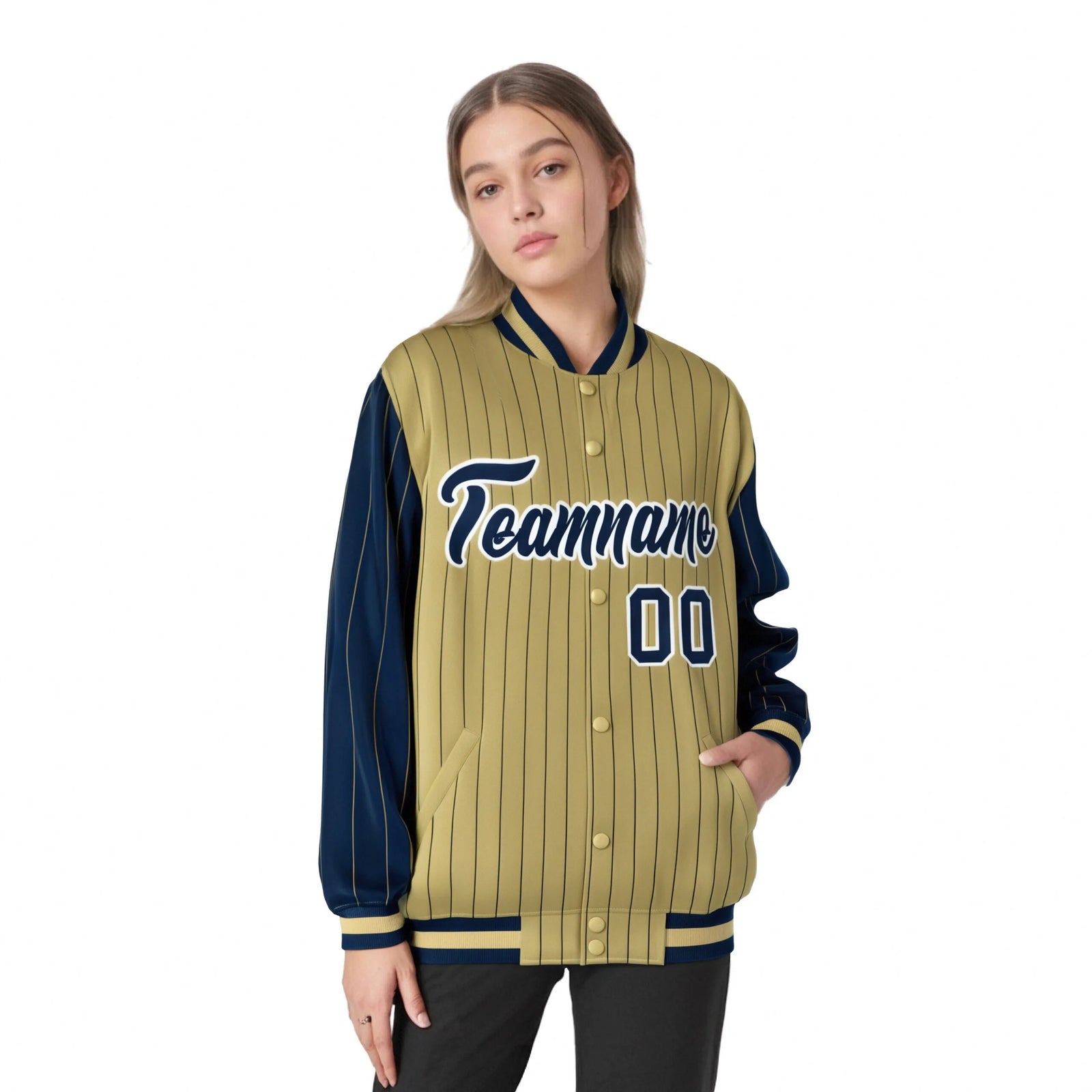 Custom Old Gold Navy Pinstripe White-Navy Bomber Full-Snap Varsity Letterman Jacket