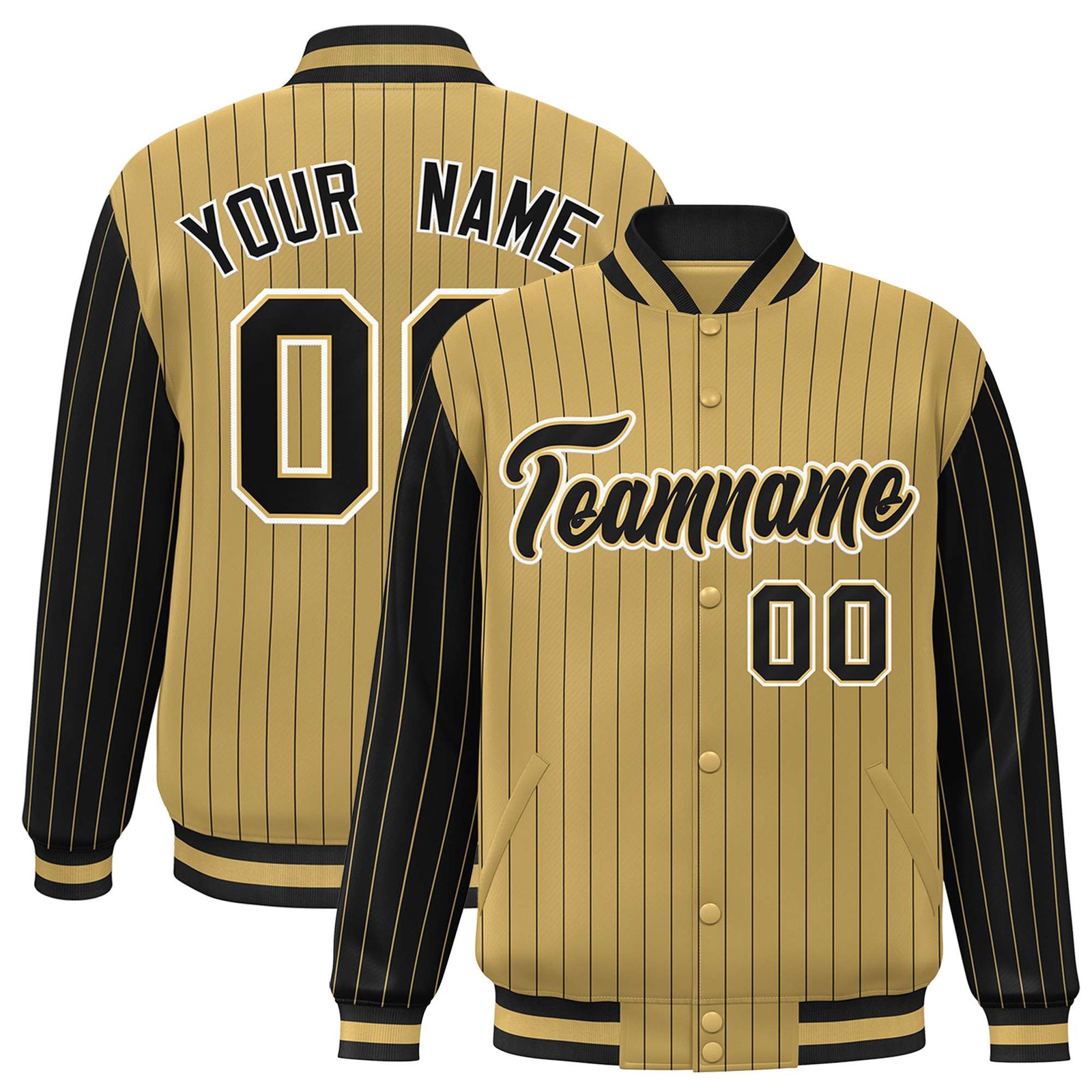 Custom Old Gold Black Pinstripe White-Black Bomber Full-Snap Varsity Letterman Jacket