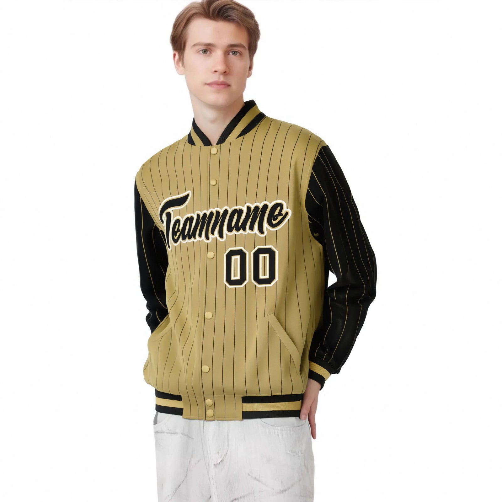 Custom Old Gold Black Pinstripe White-Black Bomber Full-Snap Varsity Letterman Jacket