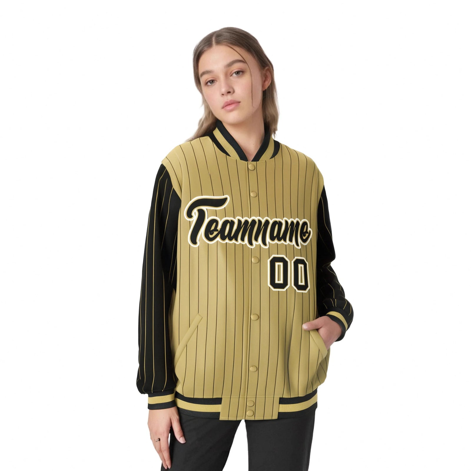 Custom Old Gold Black Pinstripe White-Black Bomber Full-Snap Varsity Letterman Jacket