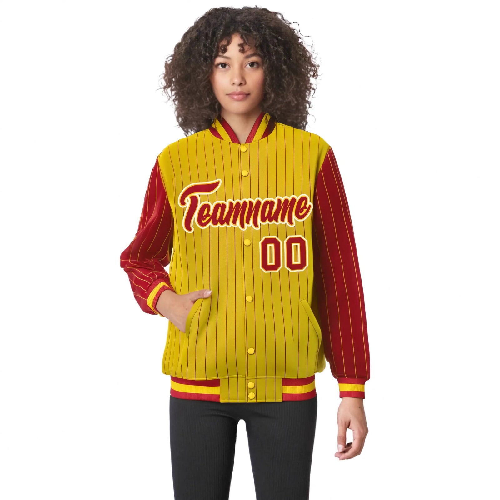 Custom Gold Red Pinstripe White-Red Bomber Full-Snap Varsity Letterman Jacket