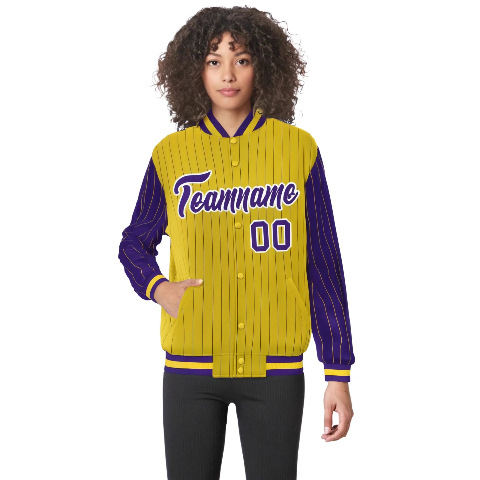 Custom Gold Purple Pinstripe White-Purple Bomber Full-Snap Varsity Letterman Jacket