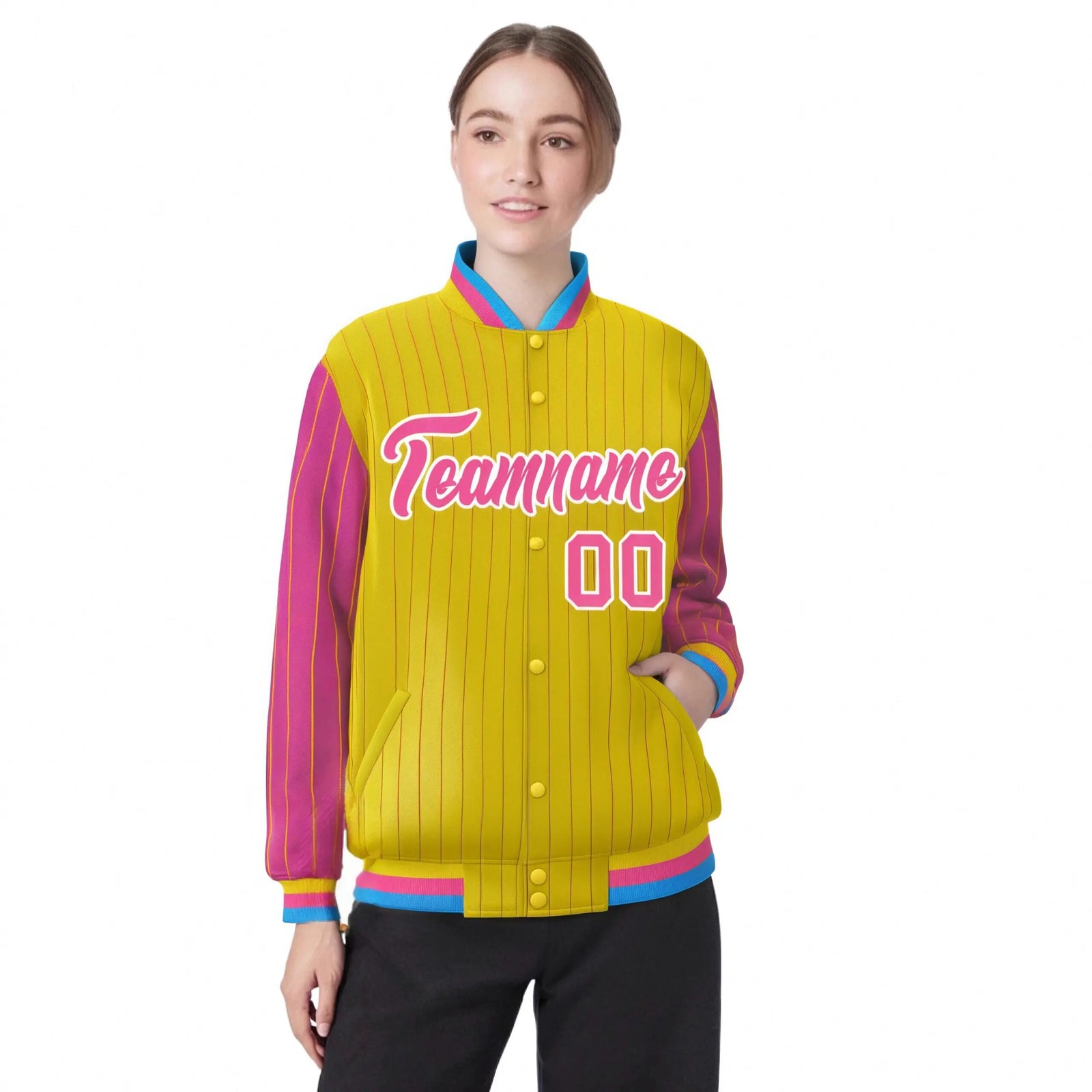 Custom Gold Pink Pinstripe White-Pink Bomber Full-Snap Varsity Letterman Jacket