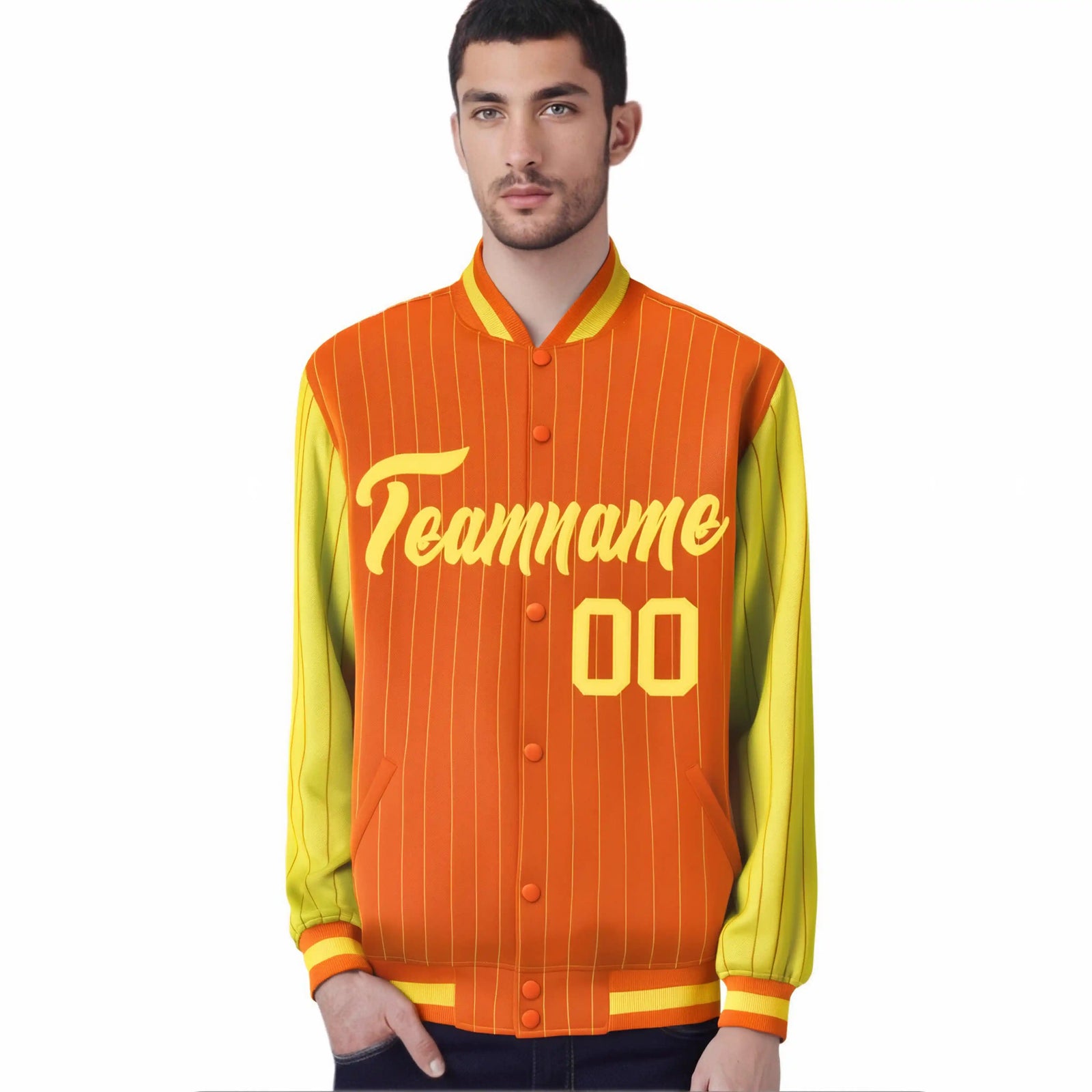 Custom Orange Gold Pinstripe Gold Bomber Full-Snap Varsity Letterman Jacket