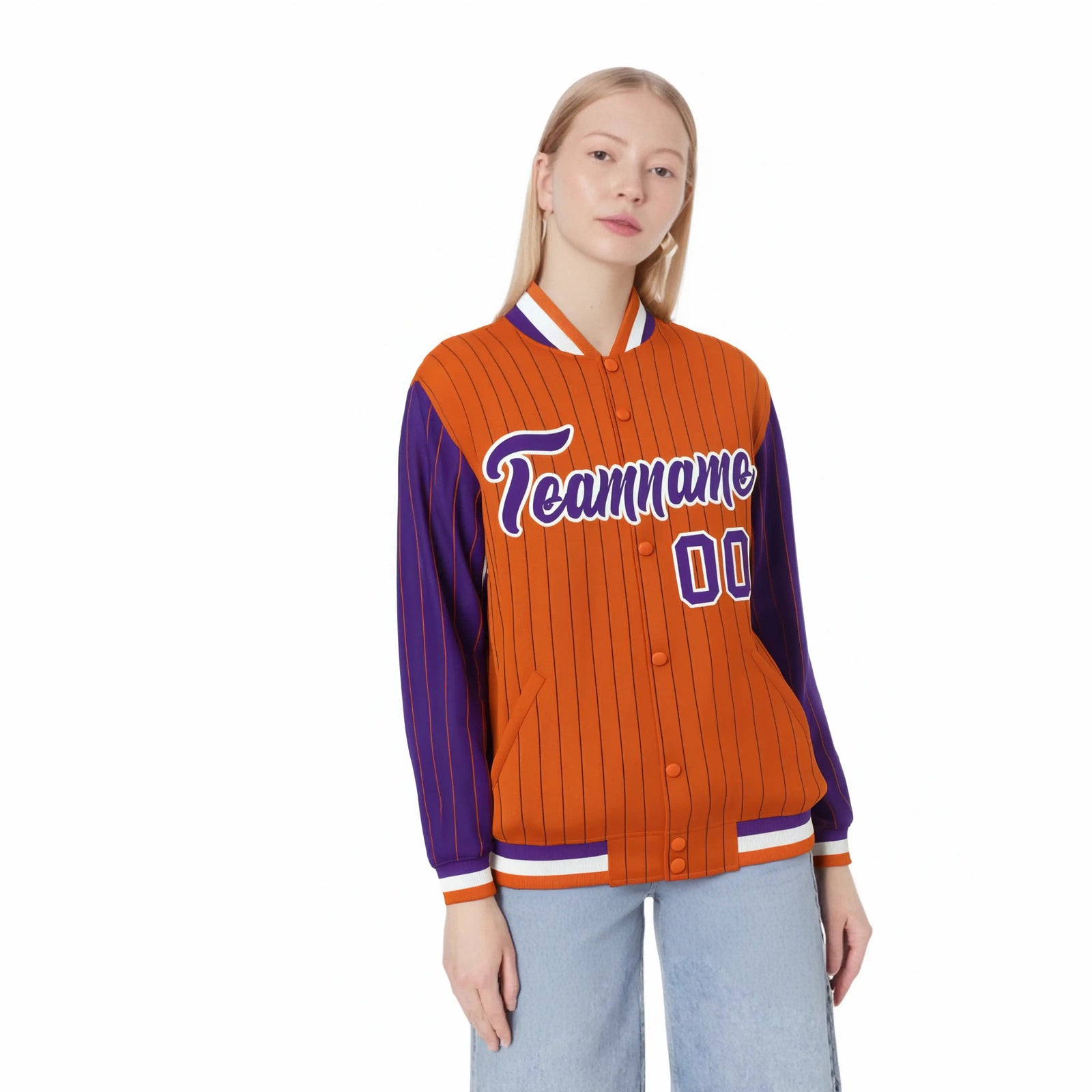 Custom Orange Purple Pinstripe White-Purple Bomber Full-Snap Varsity Letterman Jacket