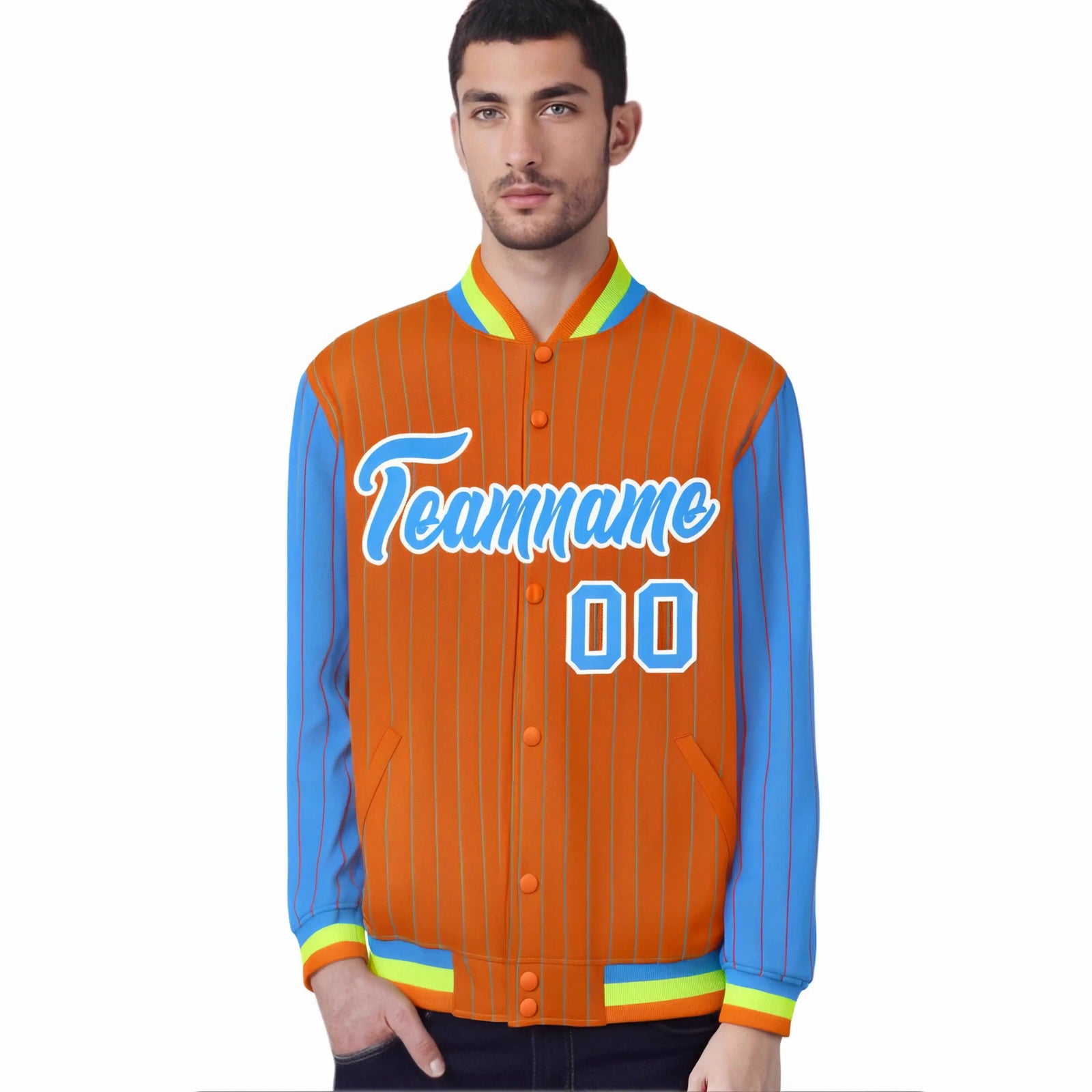 Custom Orange Powder-Blue Pinstripe White Powder-Blue Bomber Full-Snap Varsity Letterman Jacket