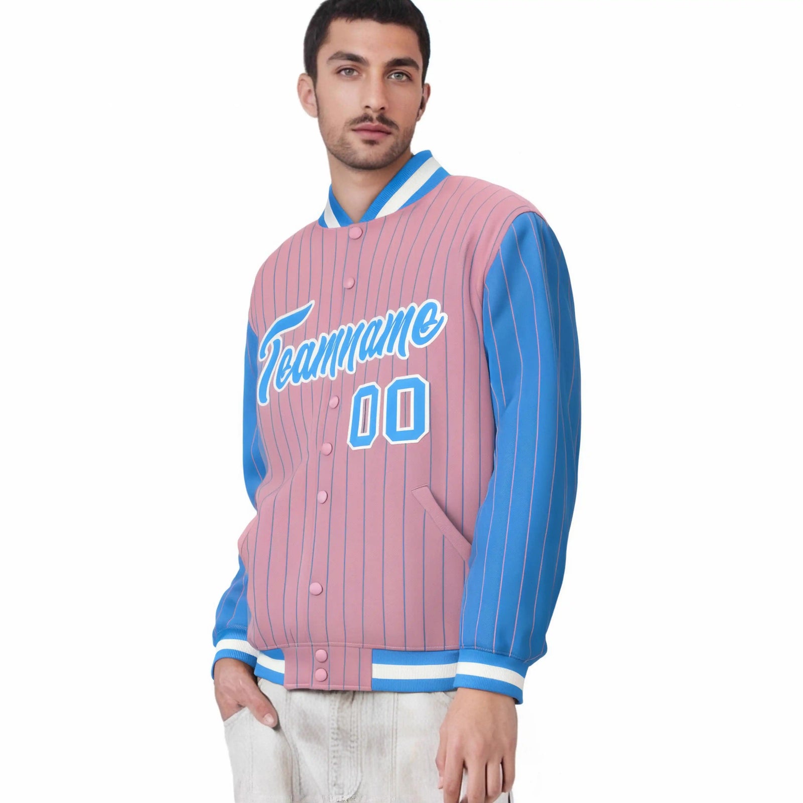 Custom Light-Pink Powder-Blue Pinstripe White Powder-Blue Bomber Full-Snap Varsity Letterman Jacket