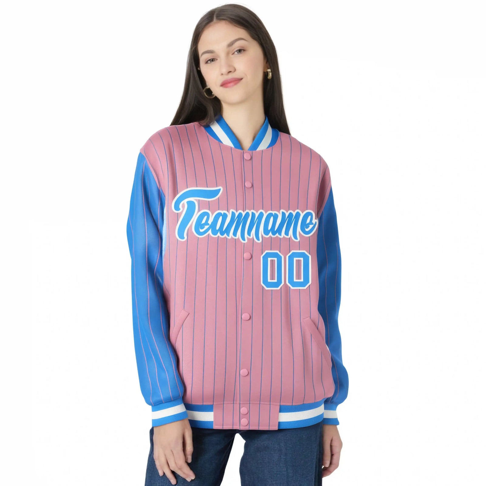 Custom Light-Pink Powder-Blue Pinstripe White Powder-Blue Bomber Full-Snap Varsity Letterman Jacket
